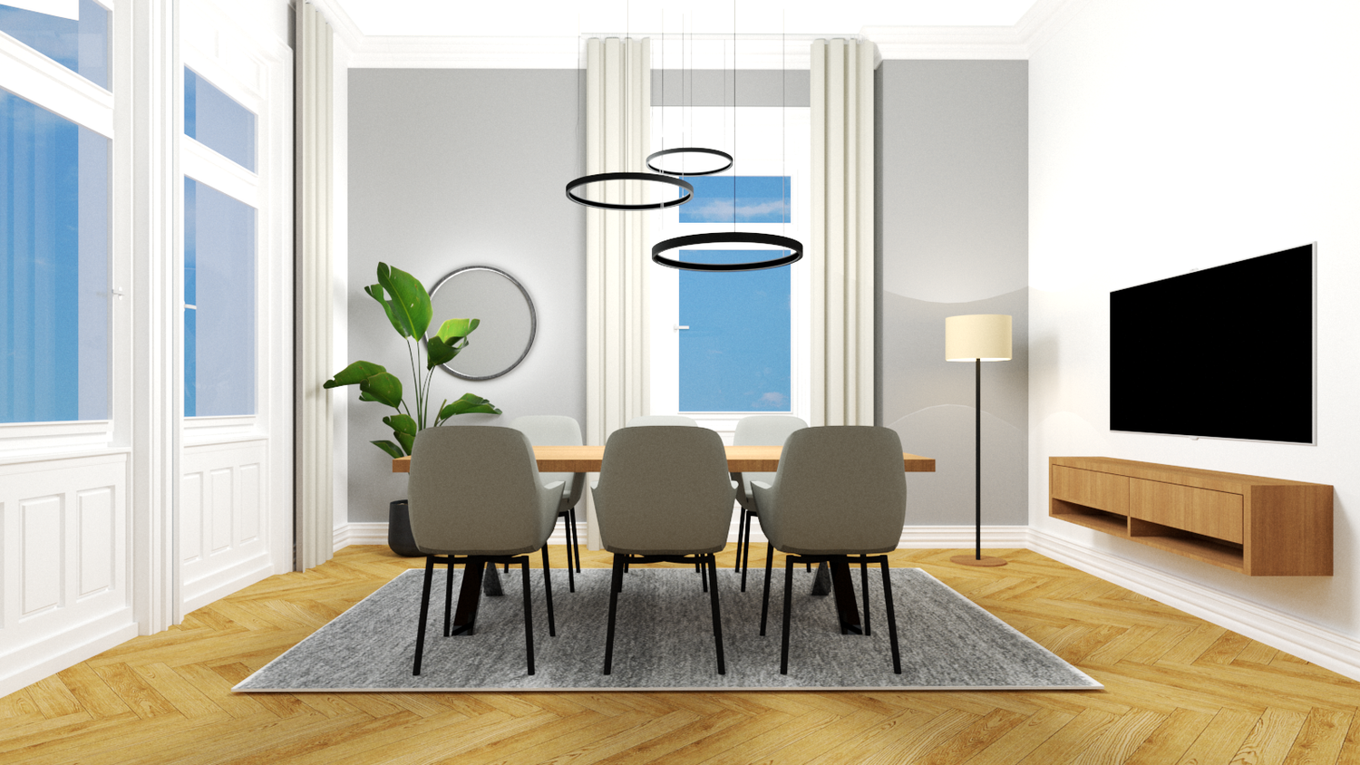 3D-Rendering Meetingraum mit Holztisch und Fischgrätparkett