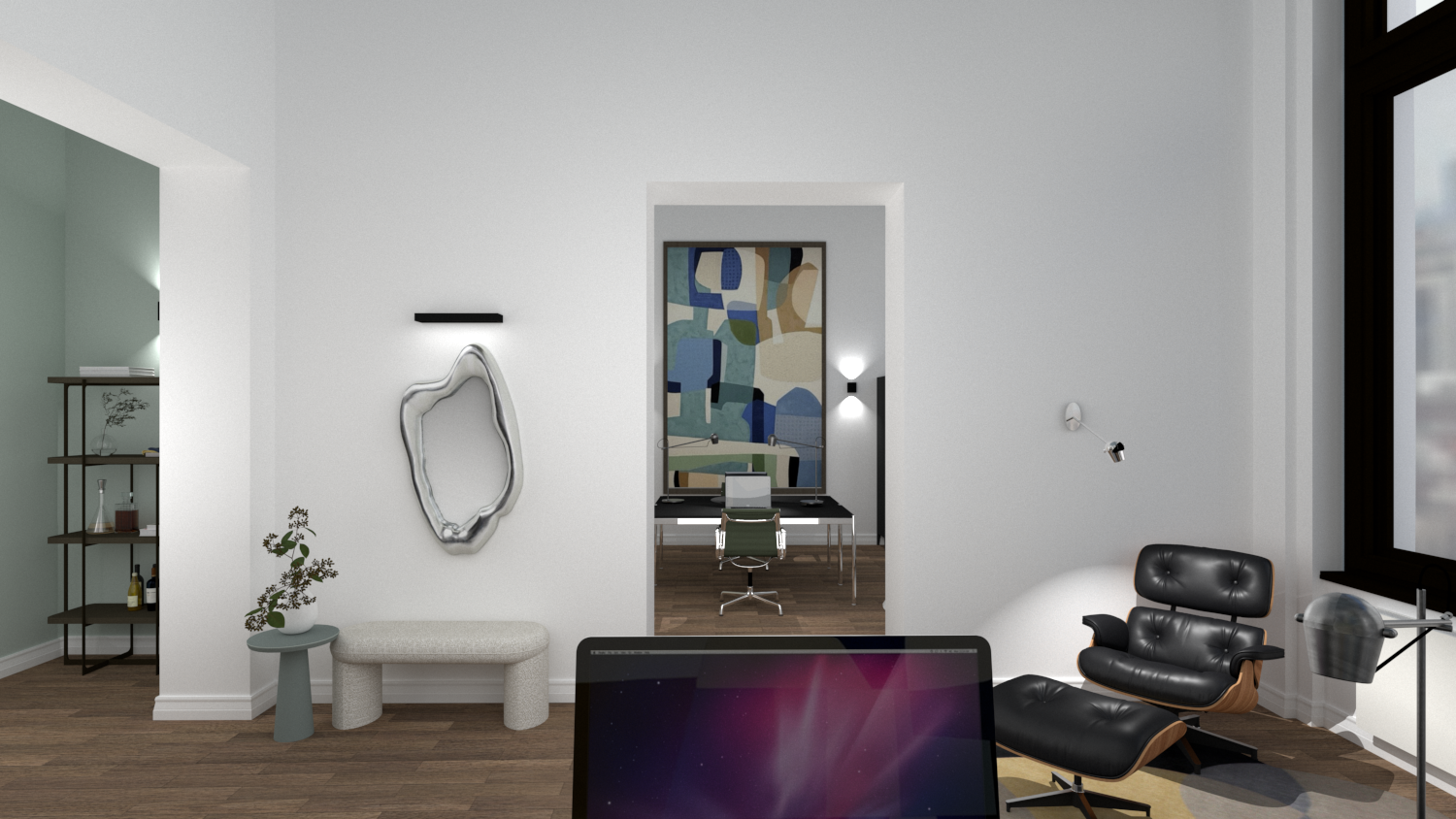 3D-Visualisierung Büro mit Blick vom Schreibtisch, Wandleuchten und Pflanzen