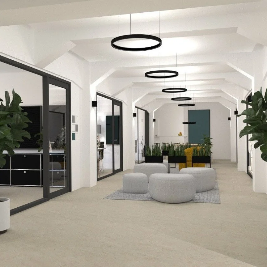 3D-Rendering Bürokorridor mit Glastrennwänden und Ring-Pendelleuchten