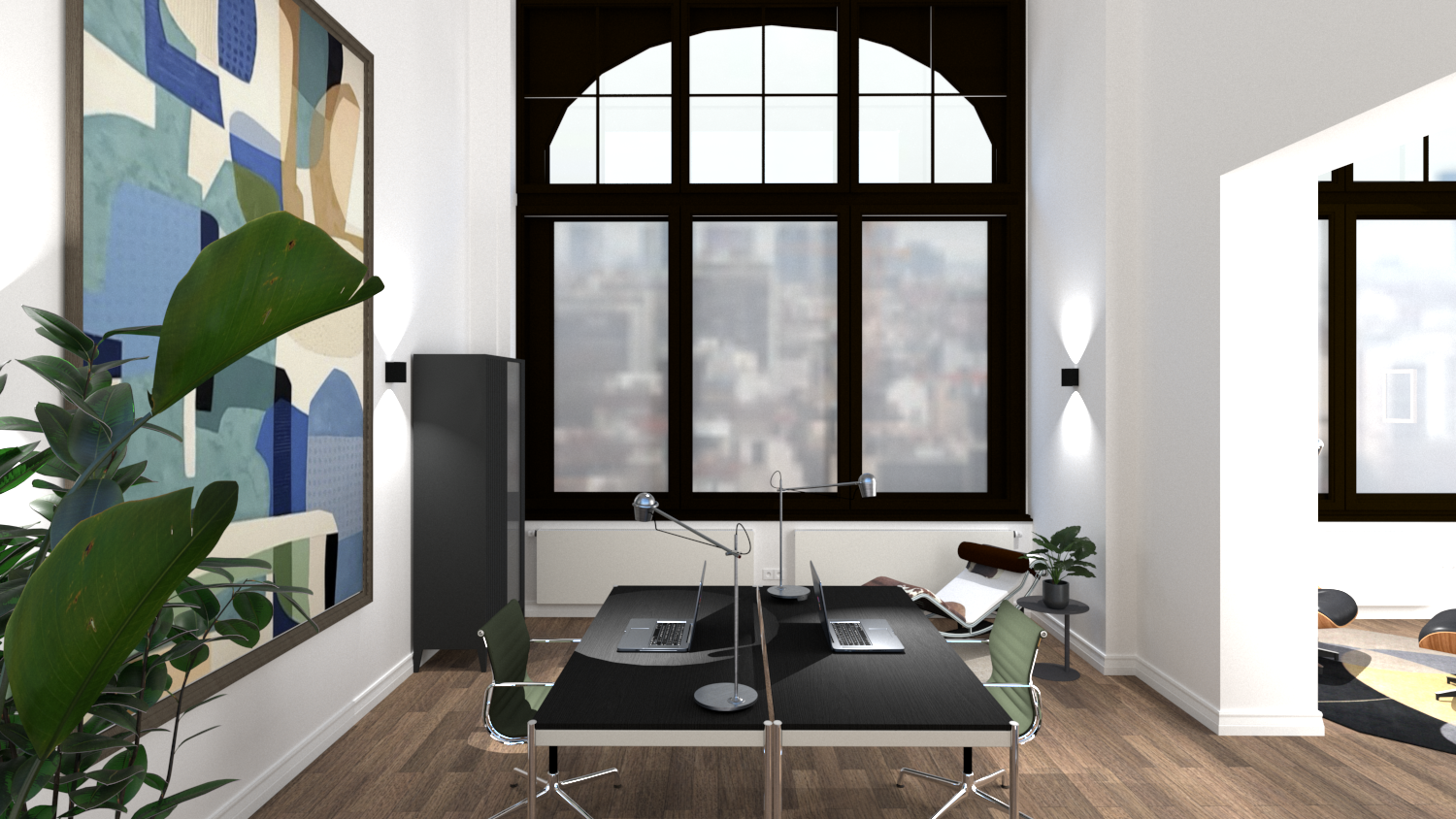 3D-Visualisierung Büro mit Schreibtisch vor Rundbogenfenster