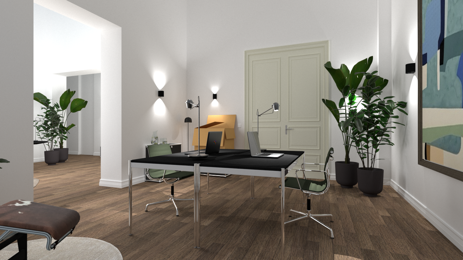 3D-Visualisierung Büro mit Schreibtischen, Wandleuchten und Pflanzen
