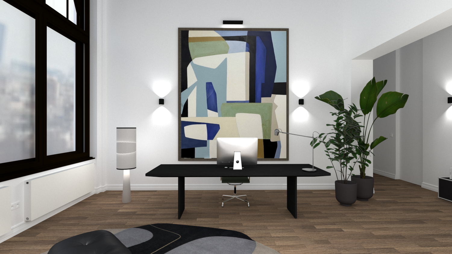 3D-Visualisierung Büro mit Schreibtisch vor großem abstraktem Wandbild