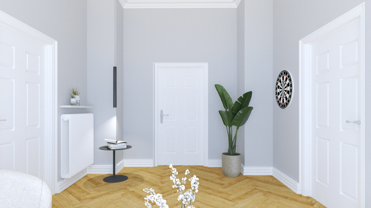 3D-Rendering Warteraum mit Beistelltisch und Pflanze