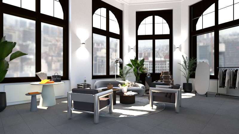3D-Visualisierung Verkaufsraum mit Loungesesseln vor Rundbogenfenstern