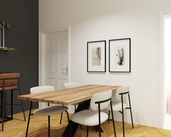 3D-Rendering Besprechungstisch mit Bildern an der Wand