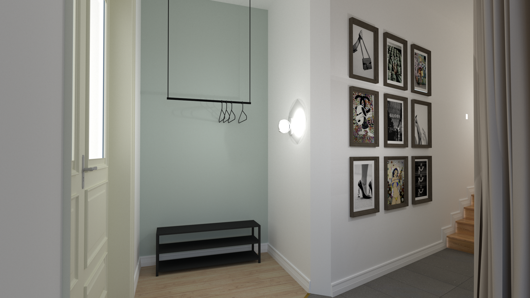 3D-Visualisierung Eingangsbereich mit Garderobe und Bilderwand