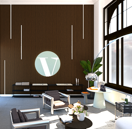 3D-Rendering Lounge-Ecke mit Sesseln vor dunkler Lamellenwand