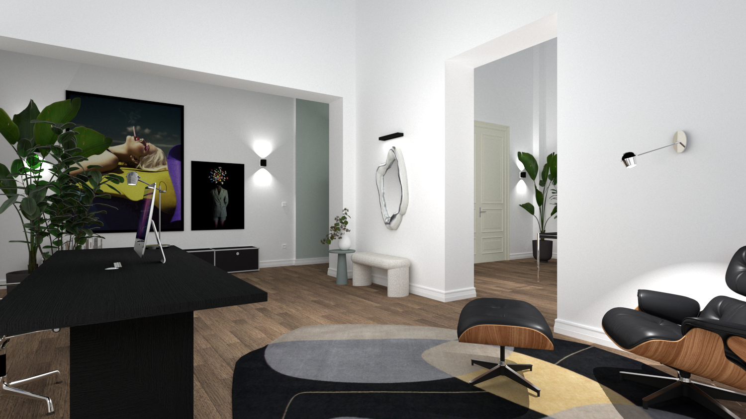 3D-Visualisierung Büro mit Besprechungstisch und Loungesessel