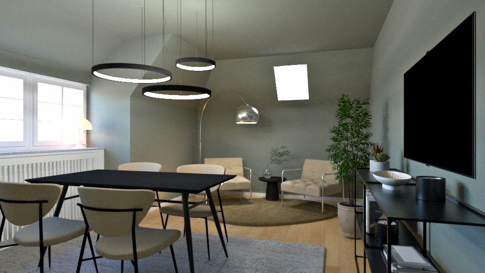 3D-Rendering Wohn-Essbereich mit Dachschräge und rundem Pendelleuchten-Trio
