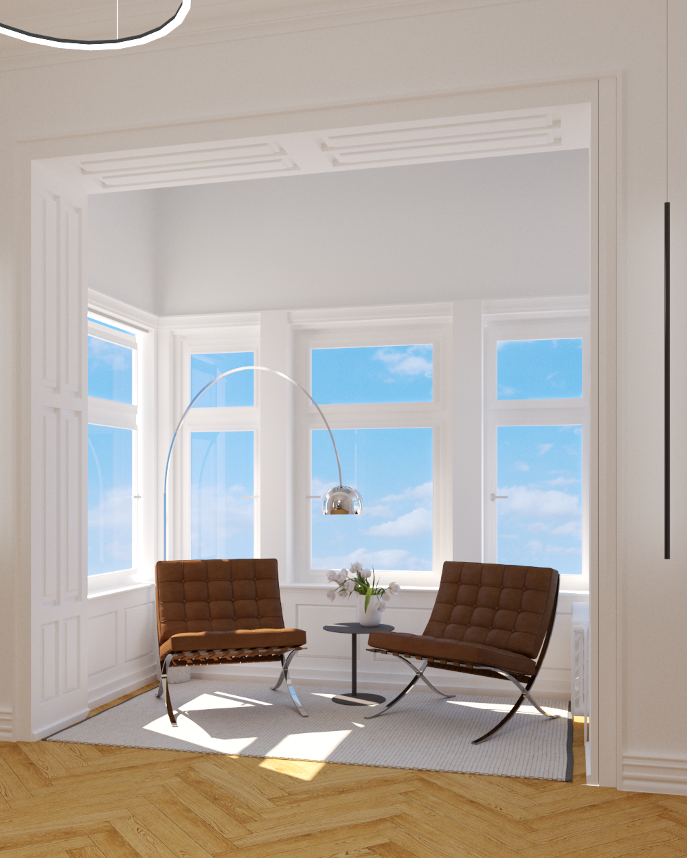 3D-Rendering Erker mit Loungesesseln vor Sprossenfenstern