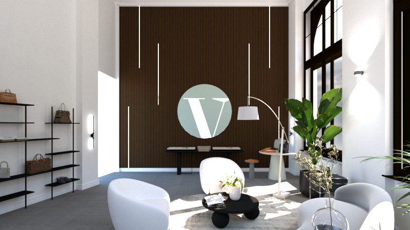 3D-Visualisierung Lamellenwand mit Logo, Regal und Sitzgruppe