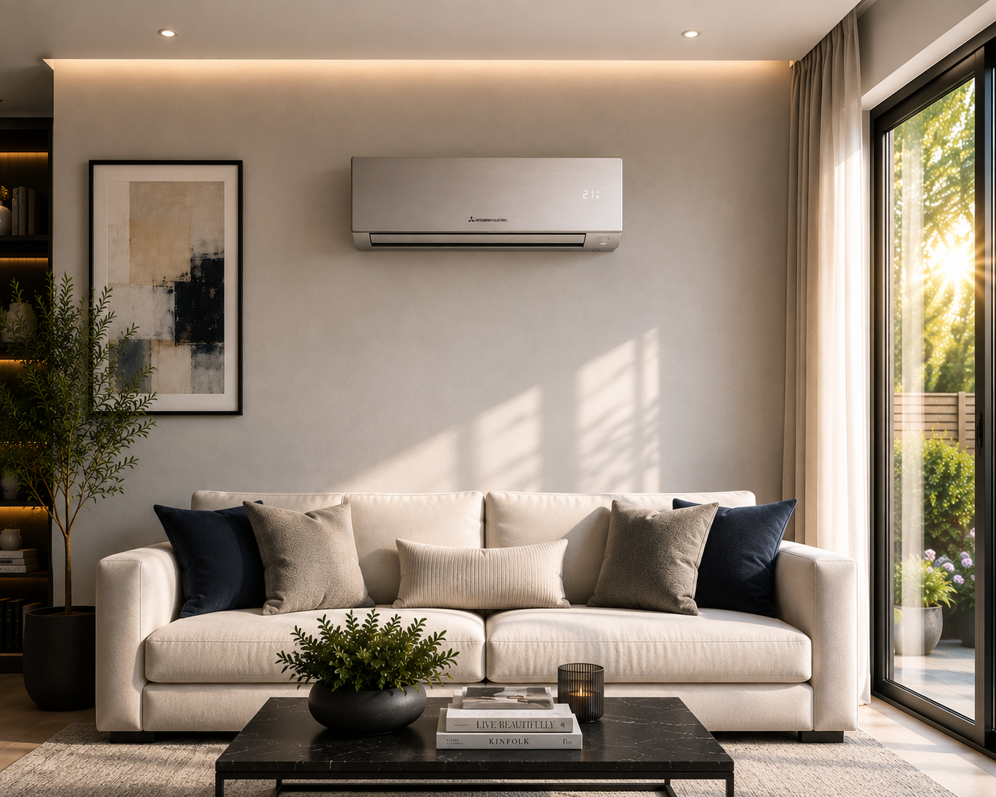 Living room with a white sofa, multiple cushions, a black coffee table with a plant, books, and a candle, an abstract wall art, a wall-mounted air conditioning unit, and large sliding glass doors with curtains letting in sunlight.