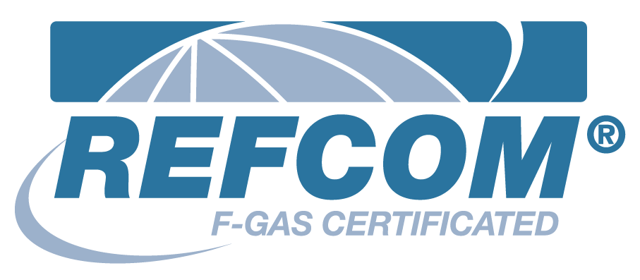 Refrigerant Certification Logo with a globe and the text 'REFCOM F-Gas Certified'.