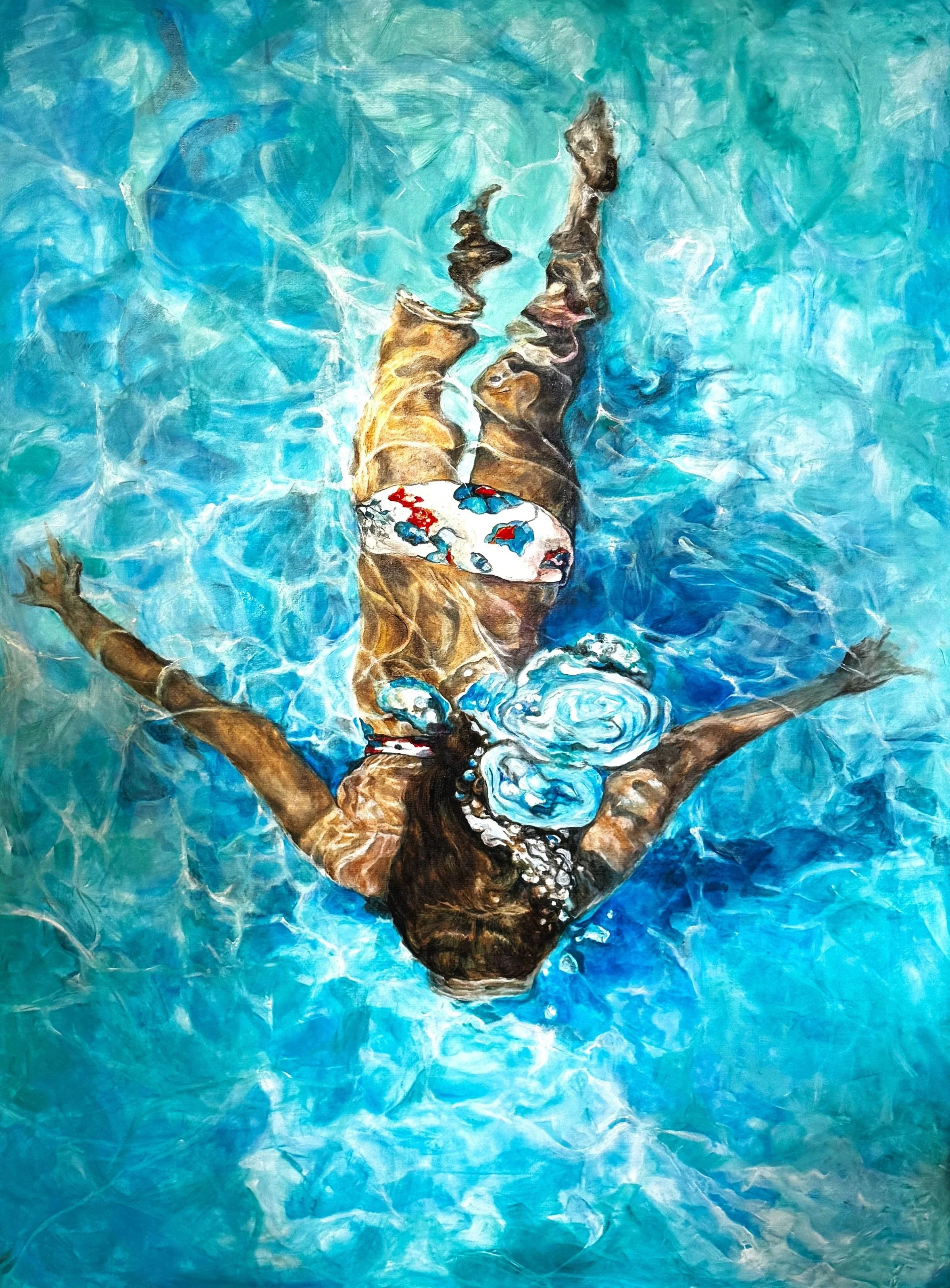 Overhead painting titled "Submerged I": swimmer seen from above, arms outstretched, hair and bubbles rising through turquoise water with expressive brushwork.