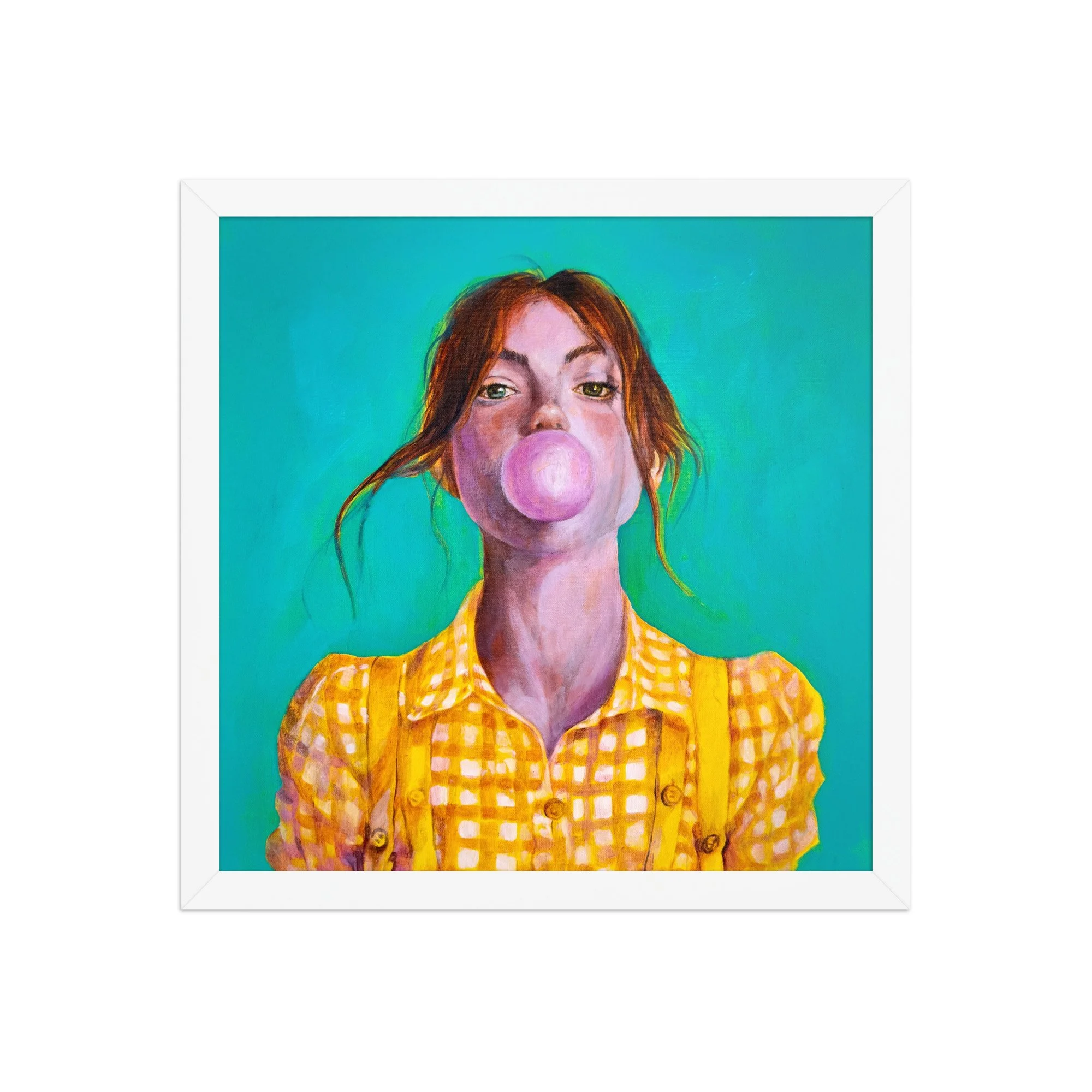 Framed colorful pop art portrait of a woman blowing bubblegum, with turquoise background and yellow tones, displayed above a vibrant yellow sofa in a modern living room.