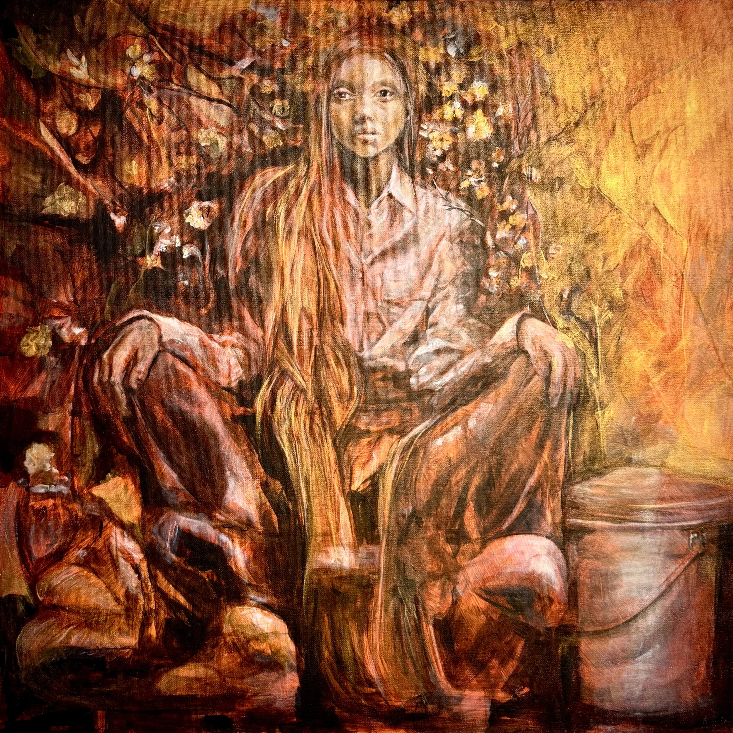 A painting of a woman with long hair, seated on a chair, with a backdrop of blooming branches and warm hues.