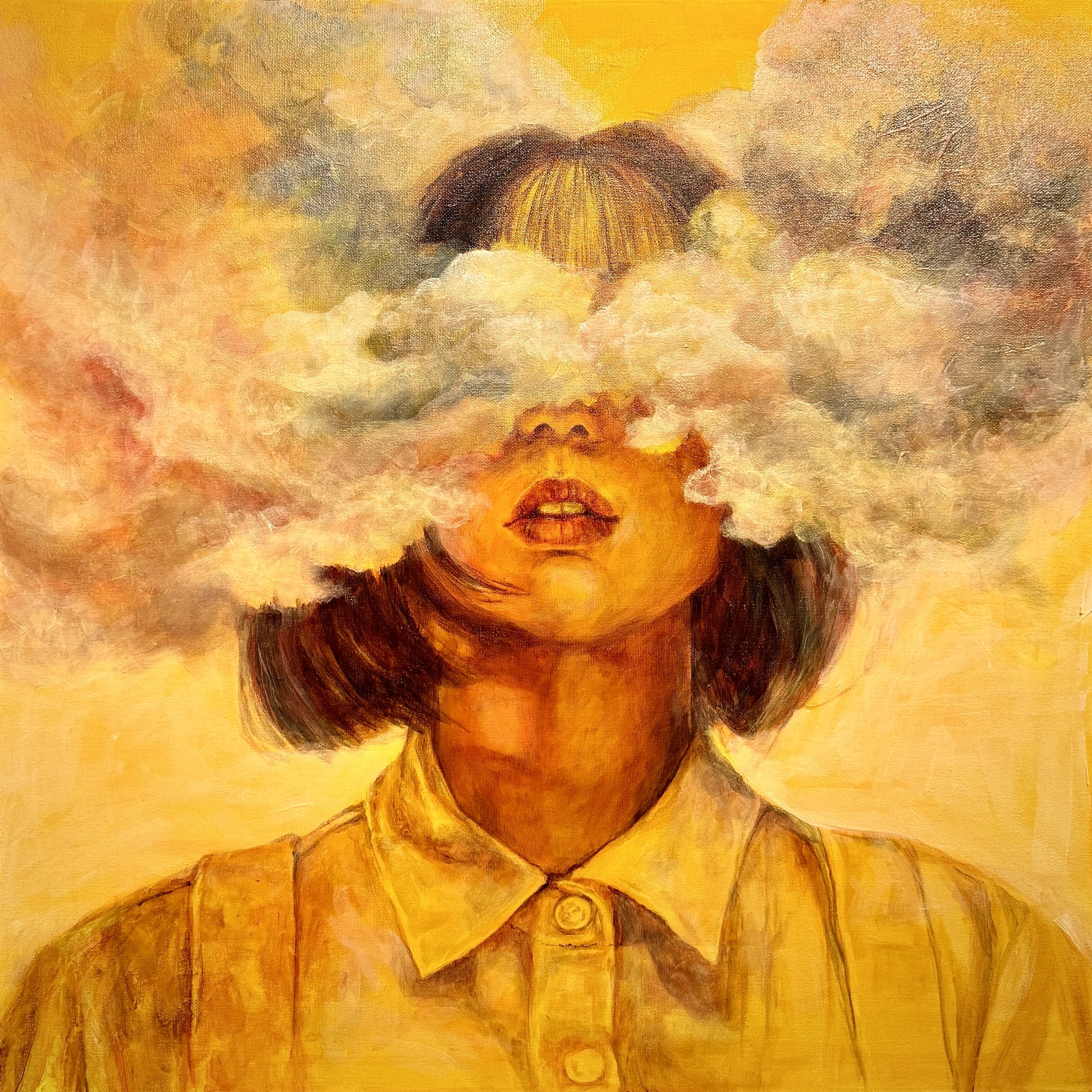 An artistic painting of a woman with short dark hair, wearing a collared shirt, with her face partially obscured by clouds or smoke, and a yellow background.