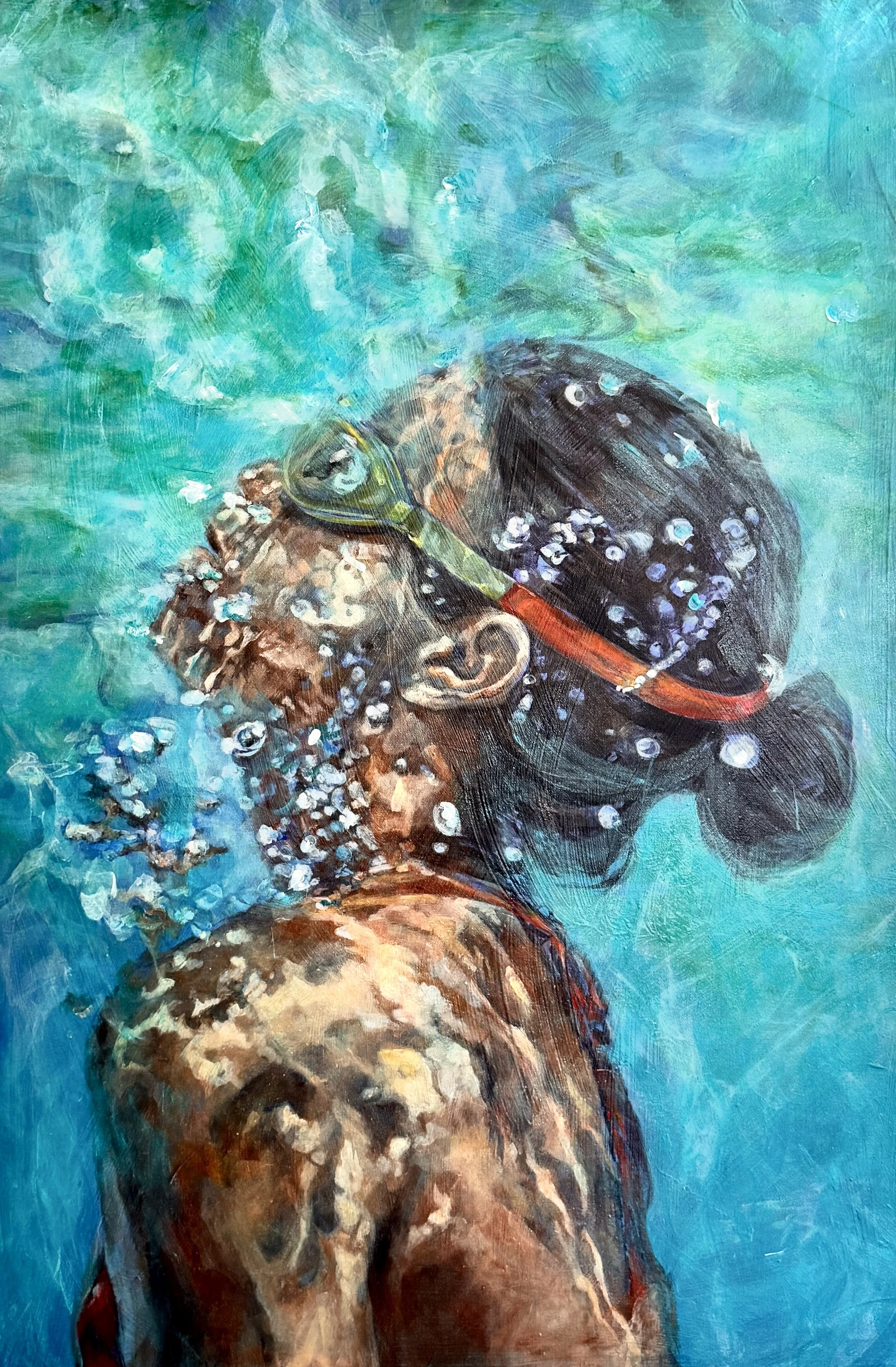 Contemporary acrylic painting of female swimmer underwater, viewed in profile with bubbles rising and light refracting across her skin as she emerges toward the surface.