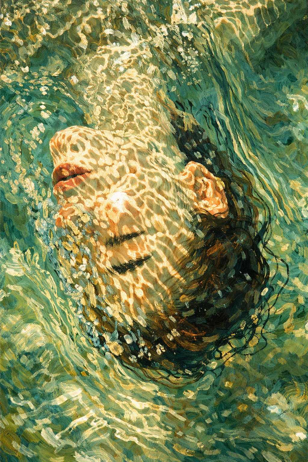 Figurative oil painting showing a female swimmer submerged in luminous turquoise water, her head tilted upward toward the surface. Bubbles rise from her face and hair, while refracted light creates fluid patterns across her skin, conveying stillness,