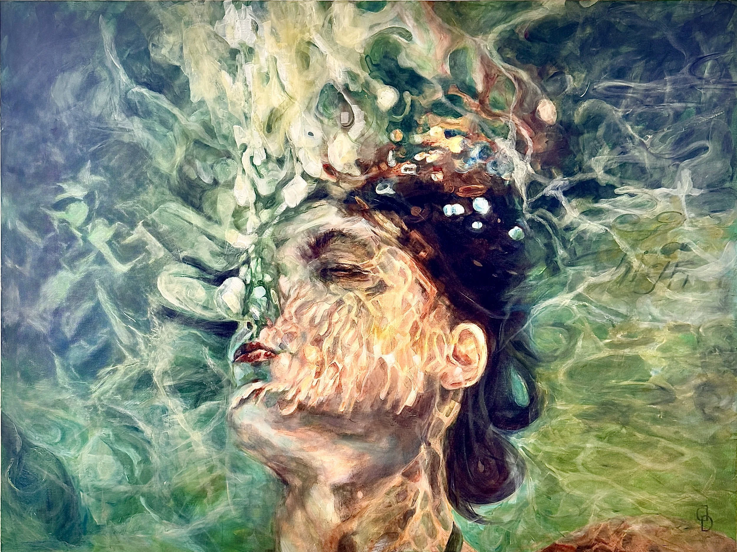 Figurative painting showing a female swimmer submerged in luminous turquoise water, her head tilted upward toward the surface. Bubbles rise from her face and hair, while refracted light creates fluid patterns across her skin, conveying stillness,