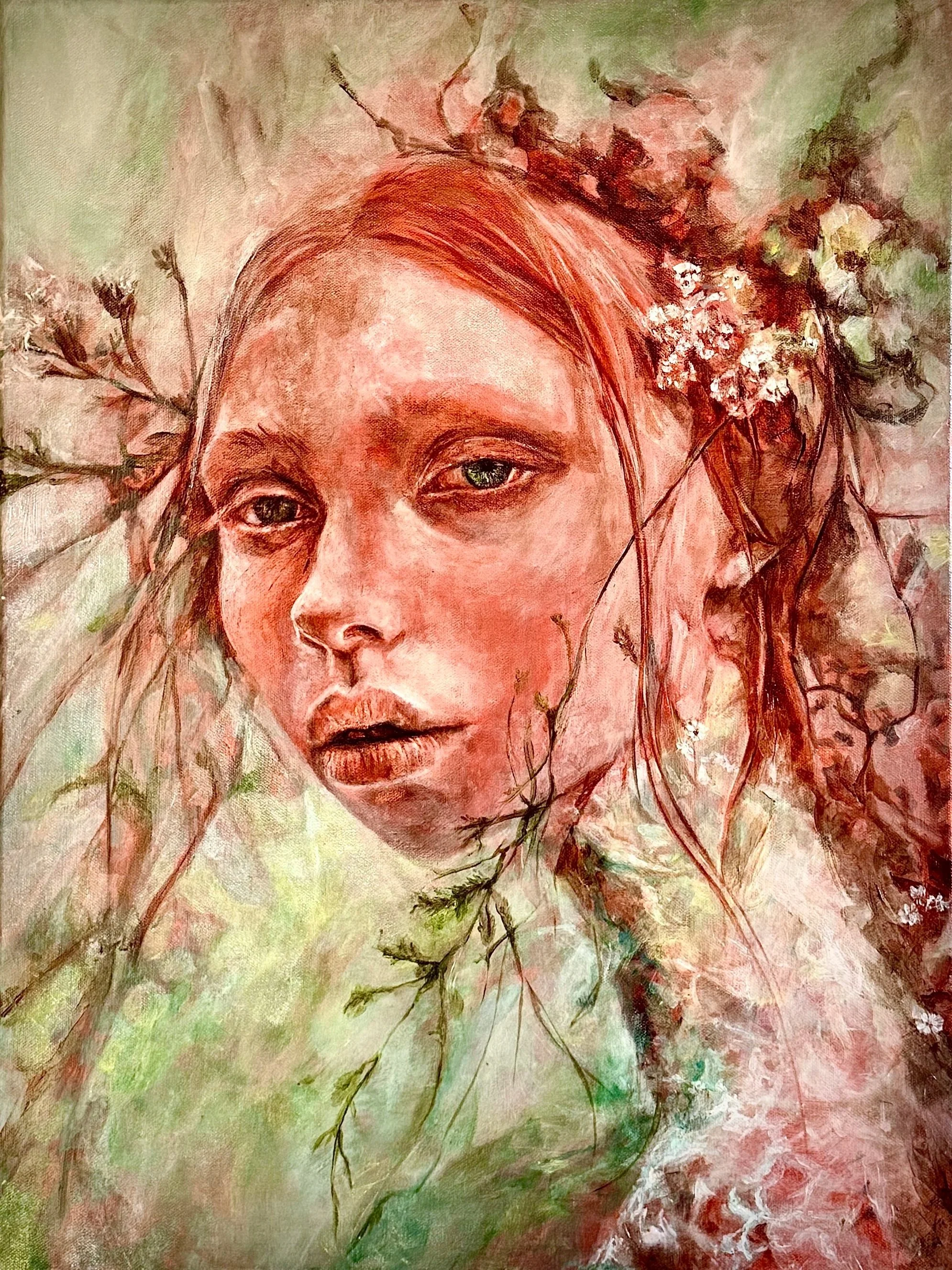 A portrait of a woman with reddish hair, surrounded by branches and flowers, blending into a watercolor background.