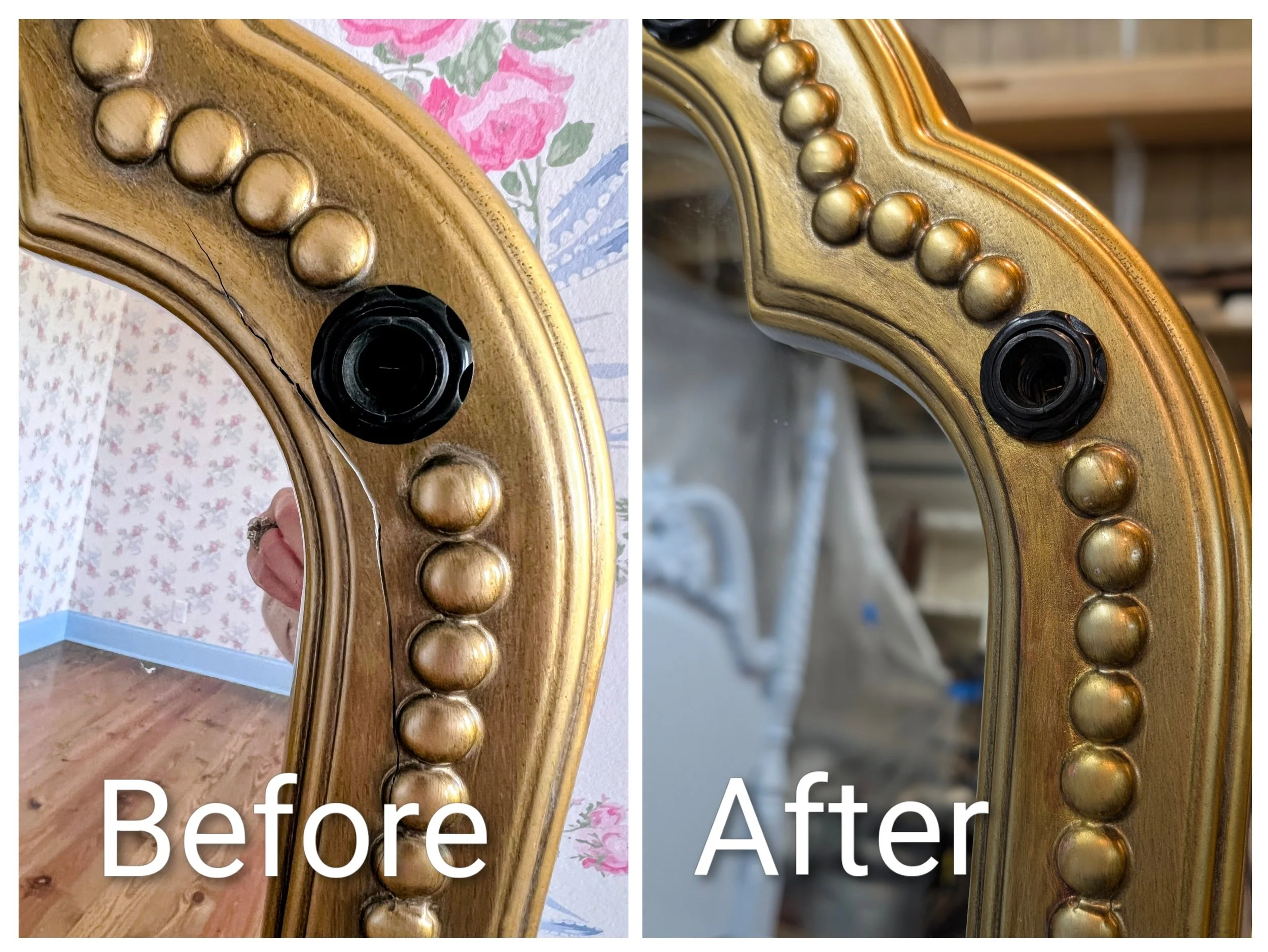 Ornate Gold Mirror Frame Restoration (Before & After) | Structural crack repair, surface seam filling, and hand-painted metallic gold gilding restoration