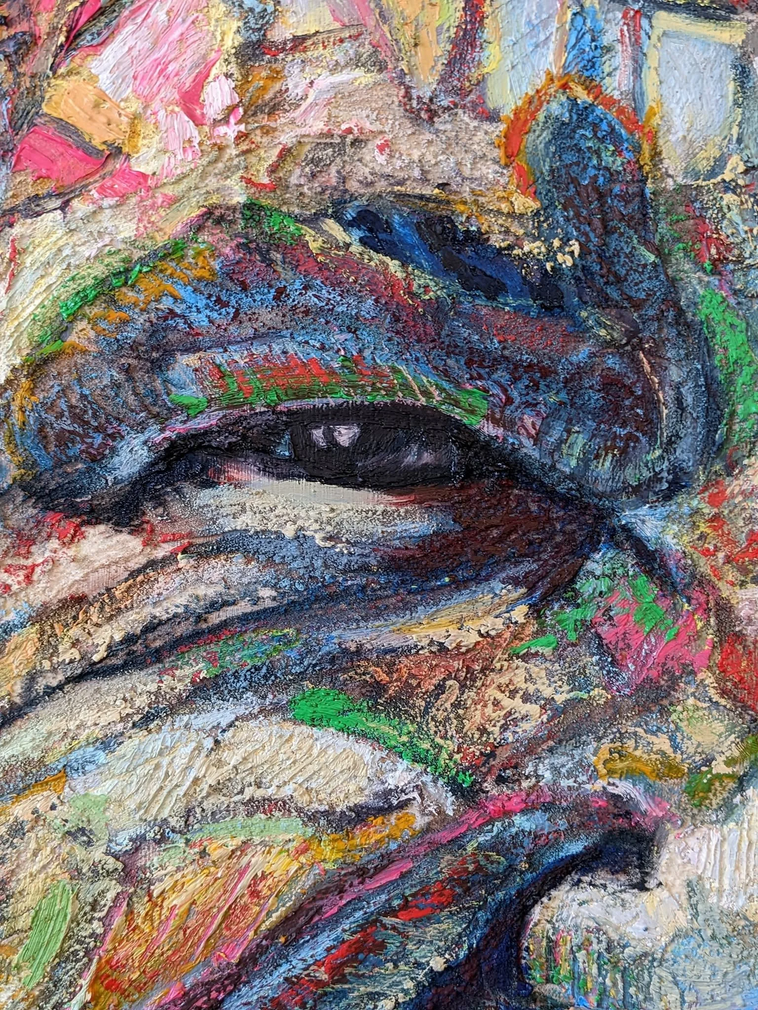 Greg (Detail) | Highlighting sand texture, heavy impasto, and layered oil application