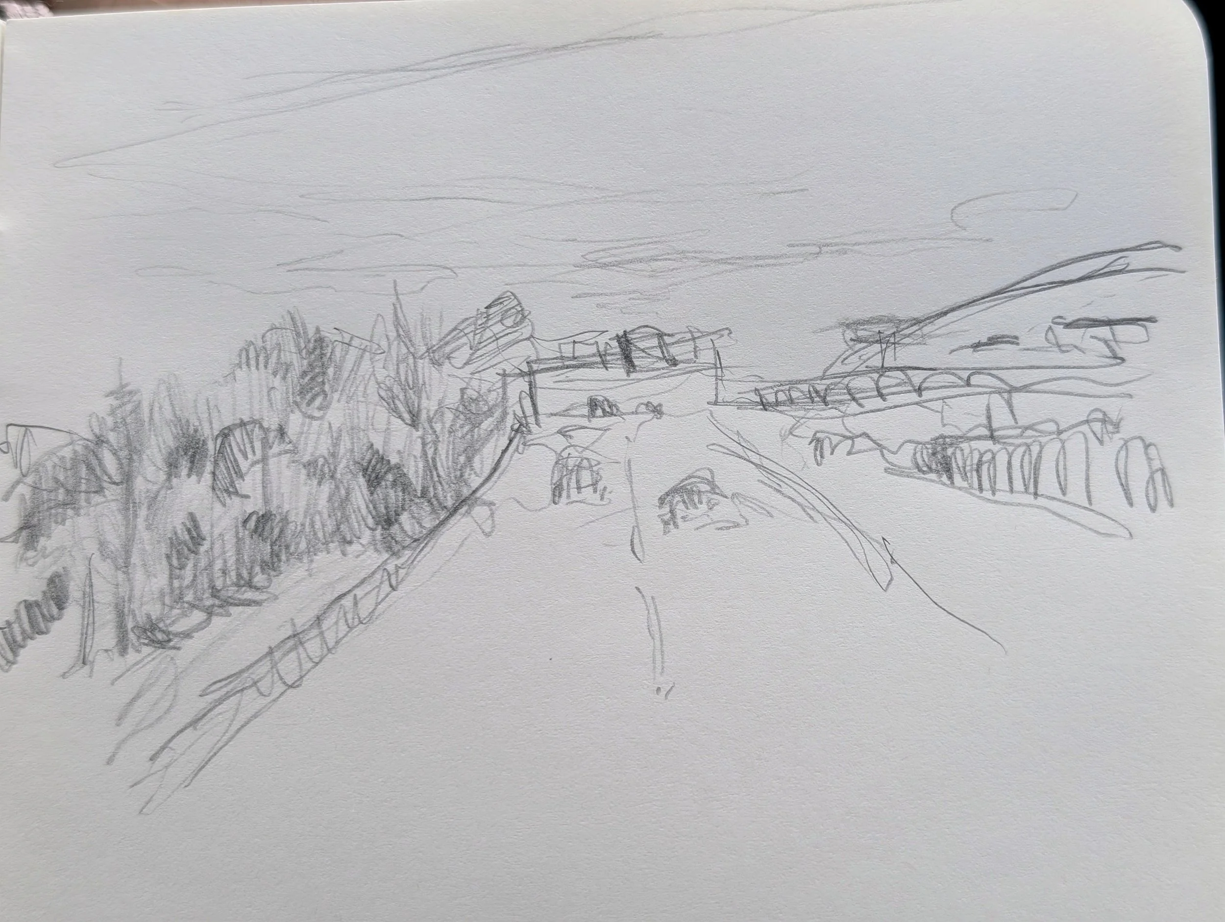 Interstate Study | Quick-gestural graphite sketch capturing vanishing point perspective and treeline shading