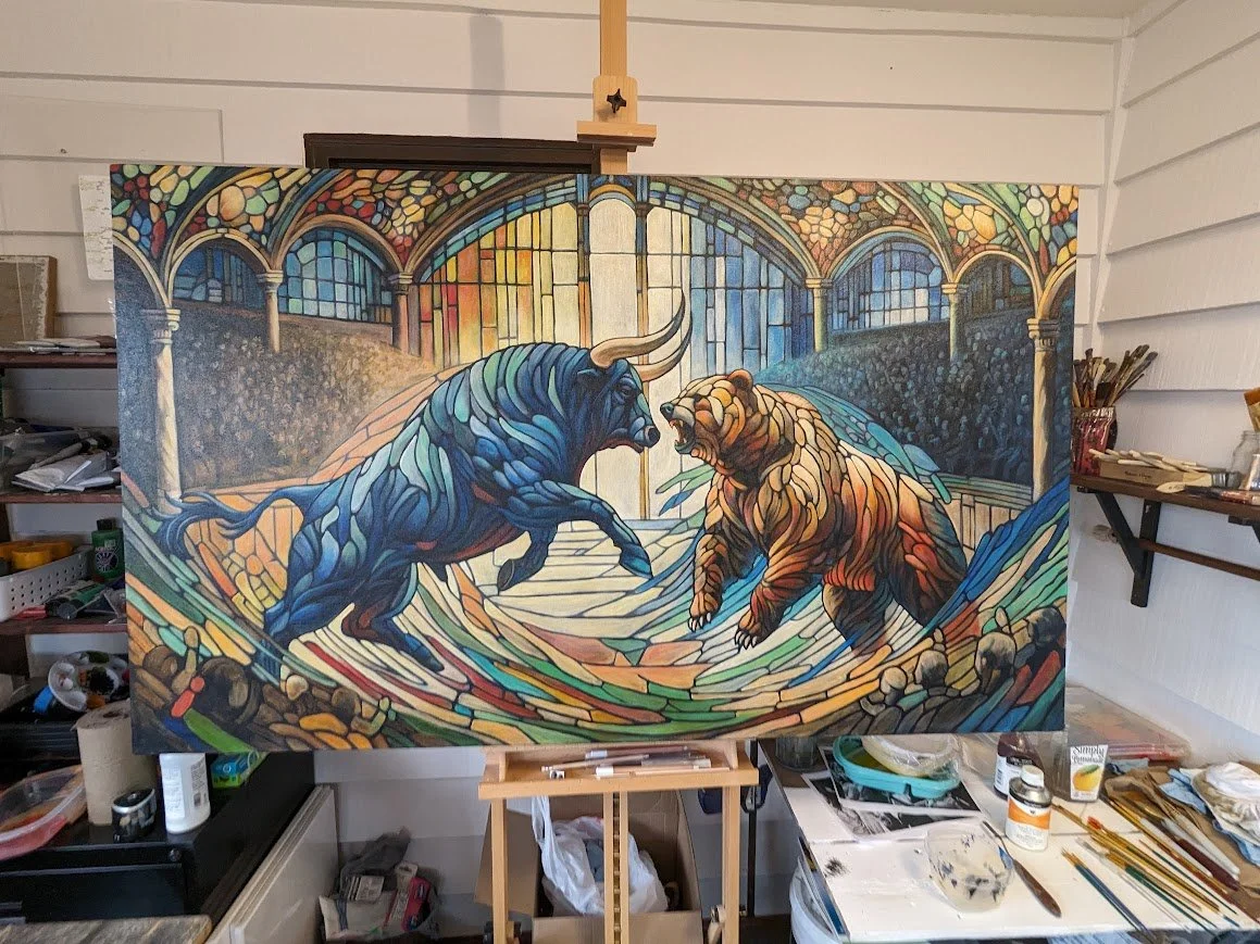 Bull vs. Bear | Financial allegory combining dynamic figure drawing with arched stained-glass arena architecture, 3' × 5' | Corporate Commission, Edward Jones Investments
