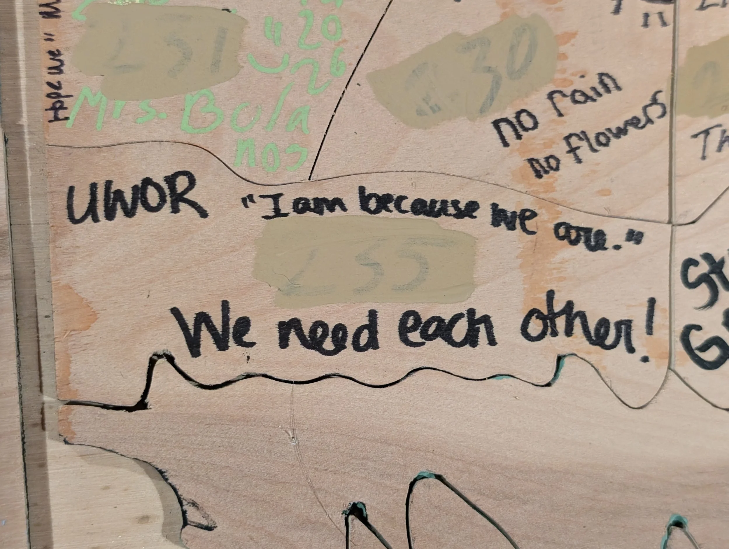Mosaic of Hope (Process Detail) | Close-up of back-of-panel inscriptions and tile numbering on raw plywood substrate