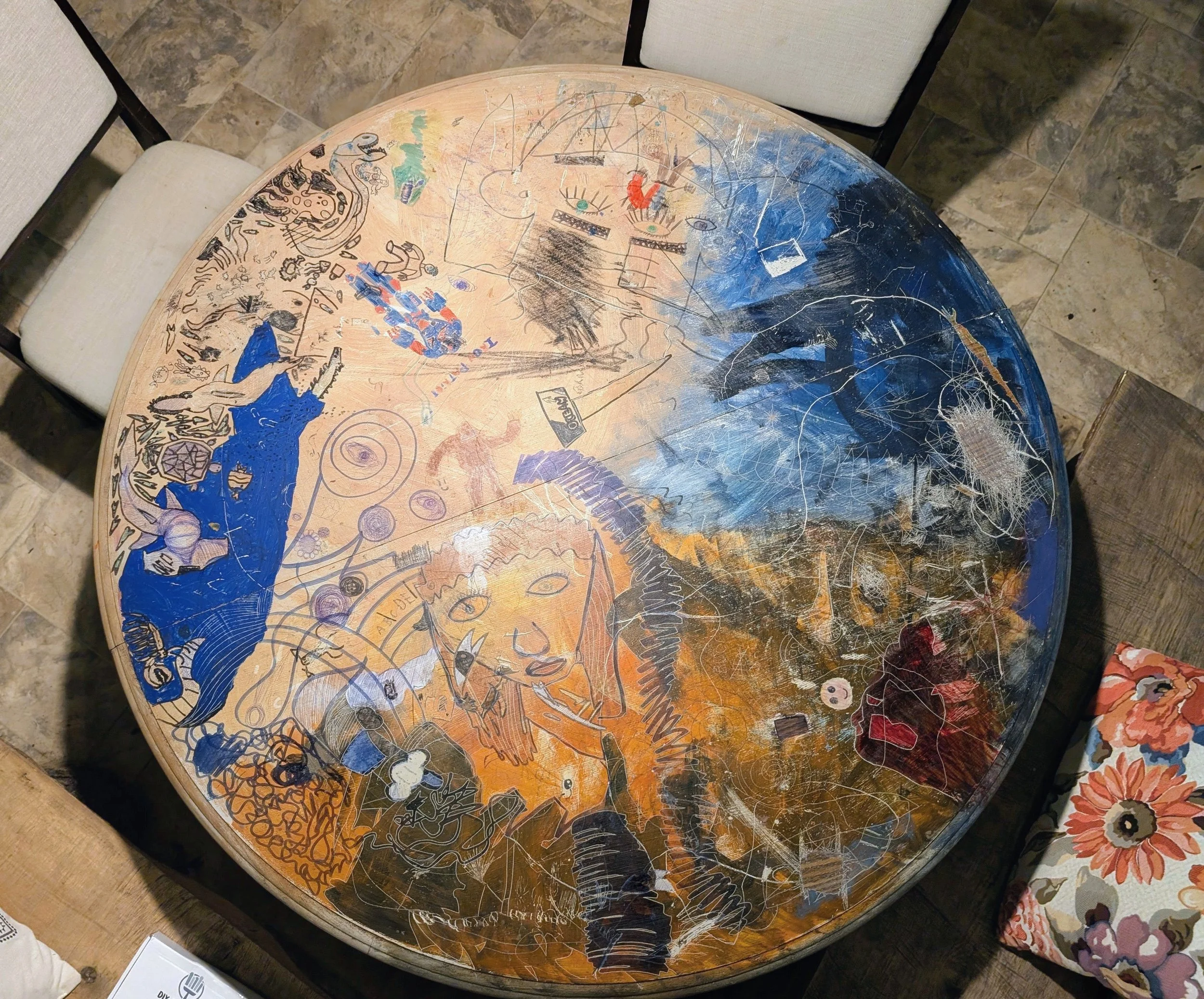 Guest Table Project | Collaborative drawing, carving, and painting on wood dining tabletop (2024–Present)
