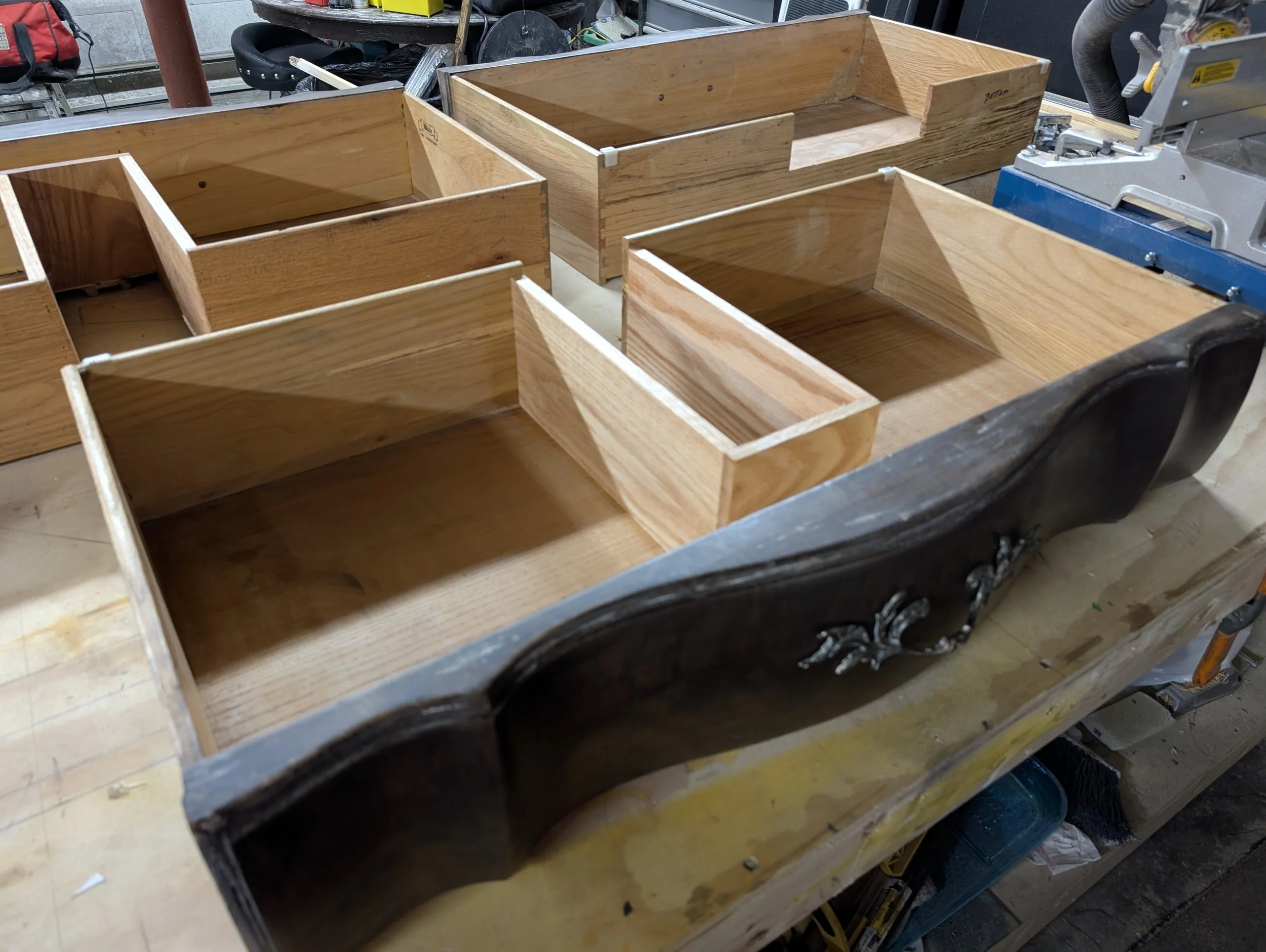 Antique Vanity Conversion (In Progress) | Re-engineered drawer boxes with custom plumbing cutouts in the shop