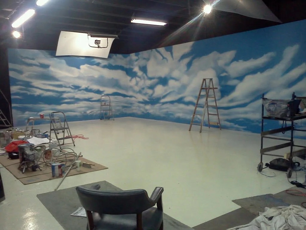 Cloudscape Studio Backdrop | Large-scale immersive scenic wall mural painted for film/commercial photography studio stage