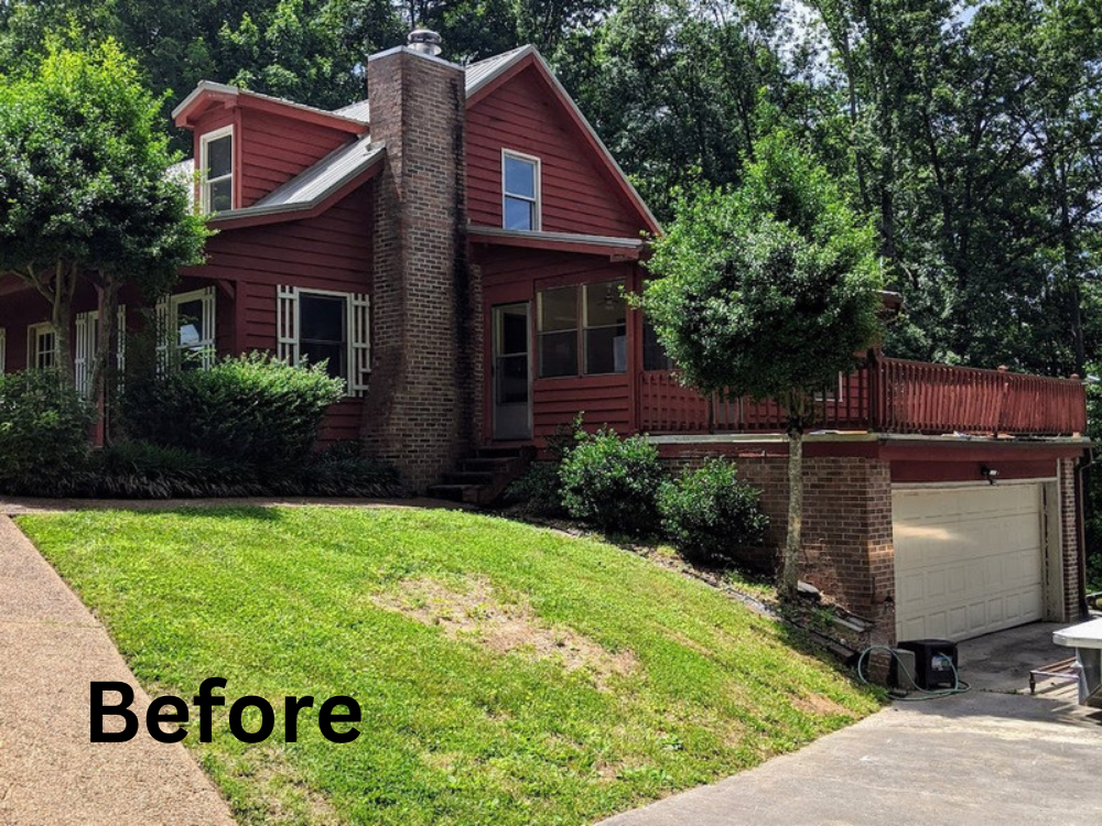 Residential Hillside Hardscape Transformation (Before View) | Original sloped turf lawn prior to multi-level grading, timber retaining wall construction, custom timber pergola installation, fish pond with waterfall feature, and reclaimed brick paver 