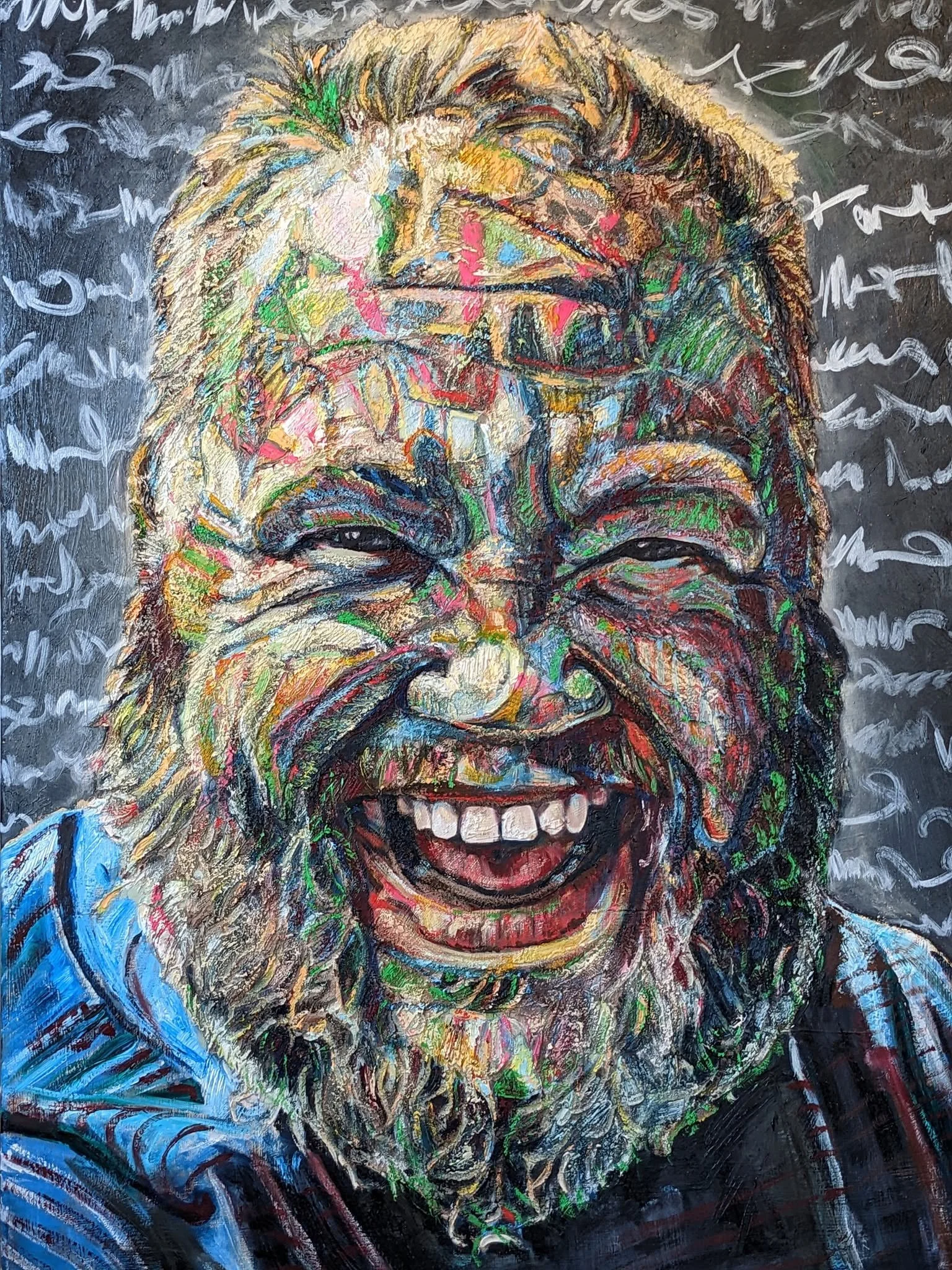 Greg | Heavy-impasto chromatic portrait with gestural script background, mixed media on canvas, 3' × 4'