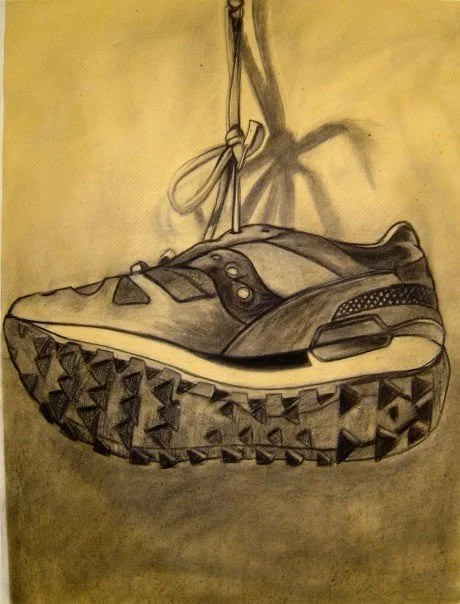 Pinned Shoe Study | Charcoal on toned paper, suspended shoe observational drawing, 24" × 36"