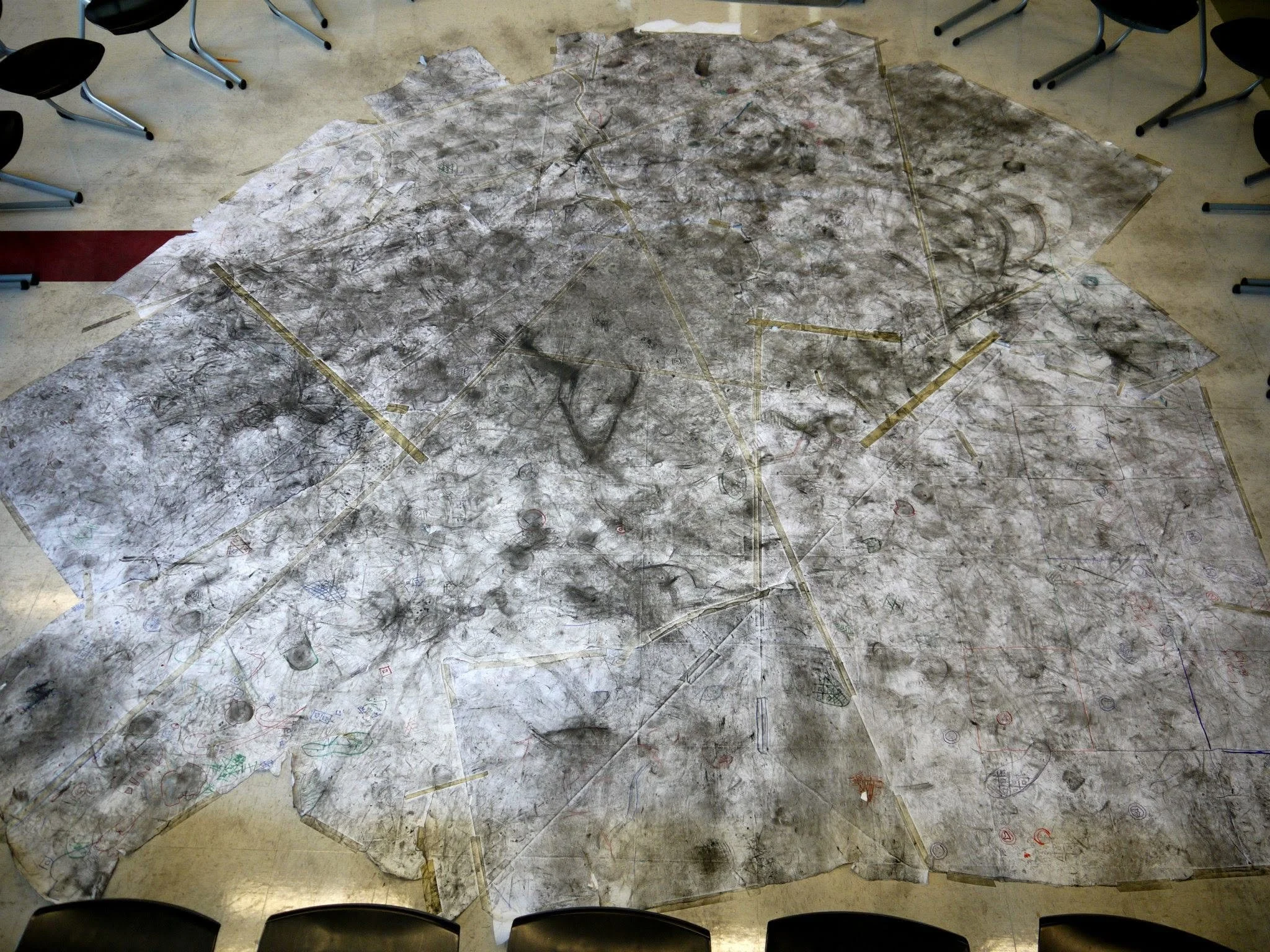 Experiential Mark-Making Project | Collaborative charcoal floor installation exploring movement and drawing definition | High School Art Curriculum