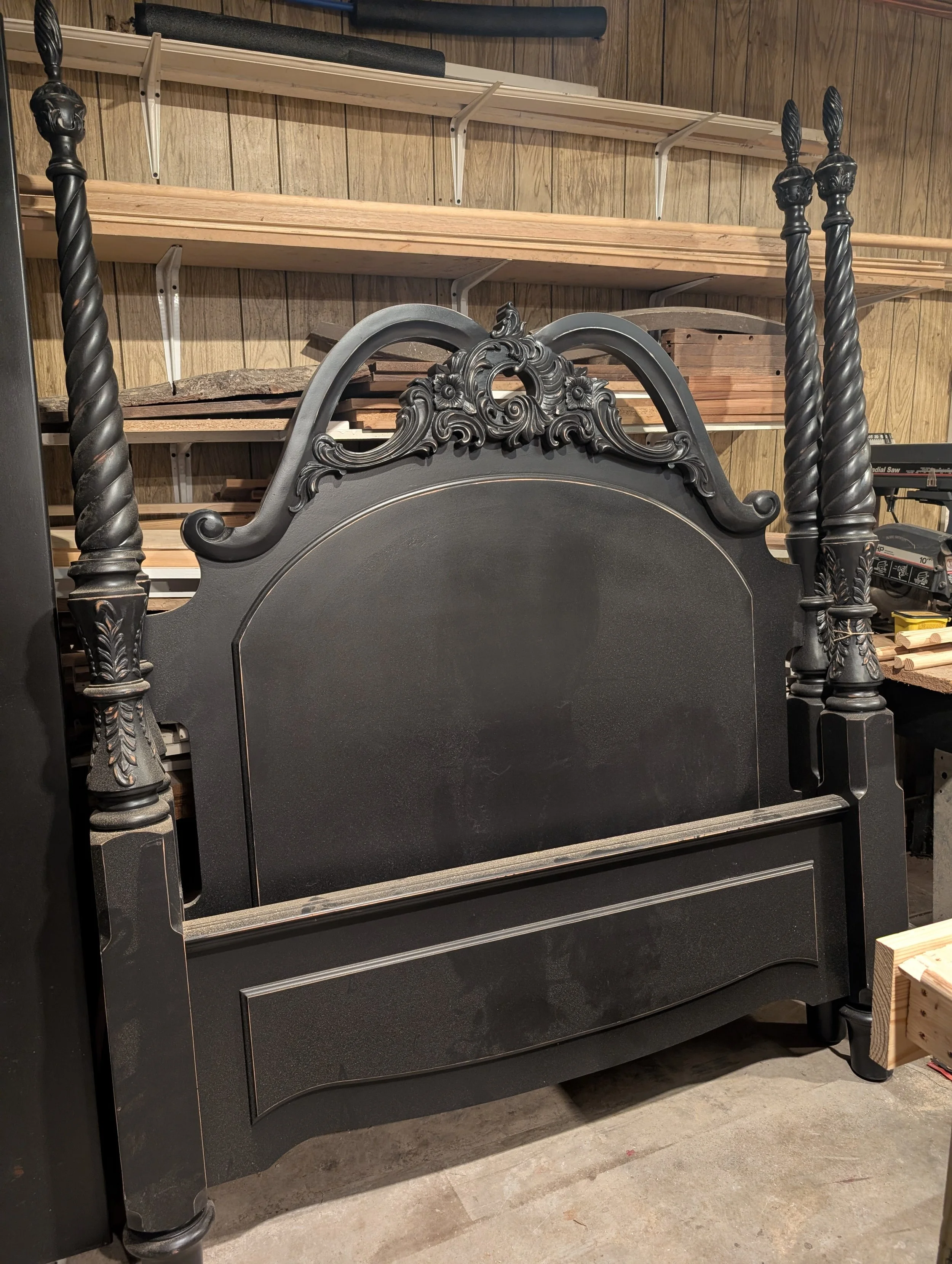 Four-Poster Bed Refinishing (Before View) | Workshop staging of ornate carved bed frame prior to enamel spray-refinishing