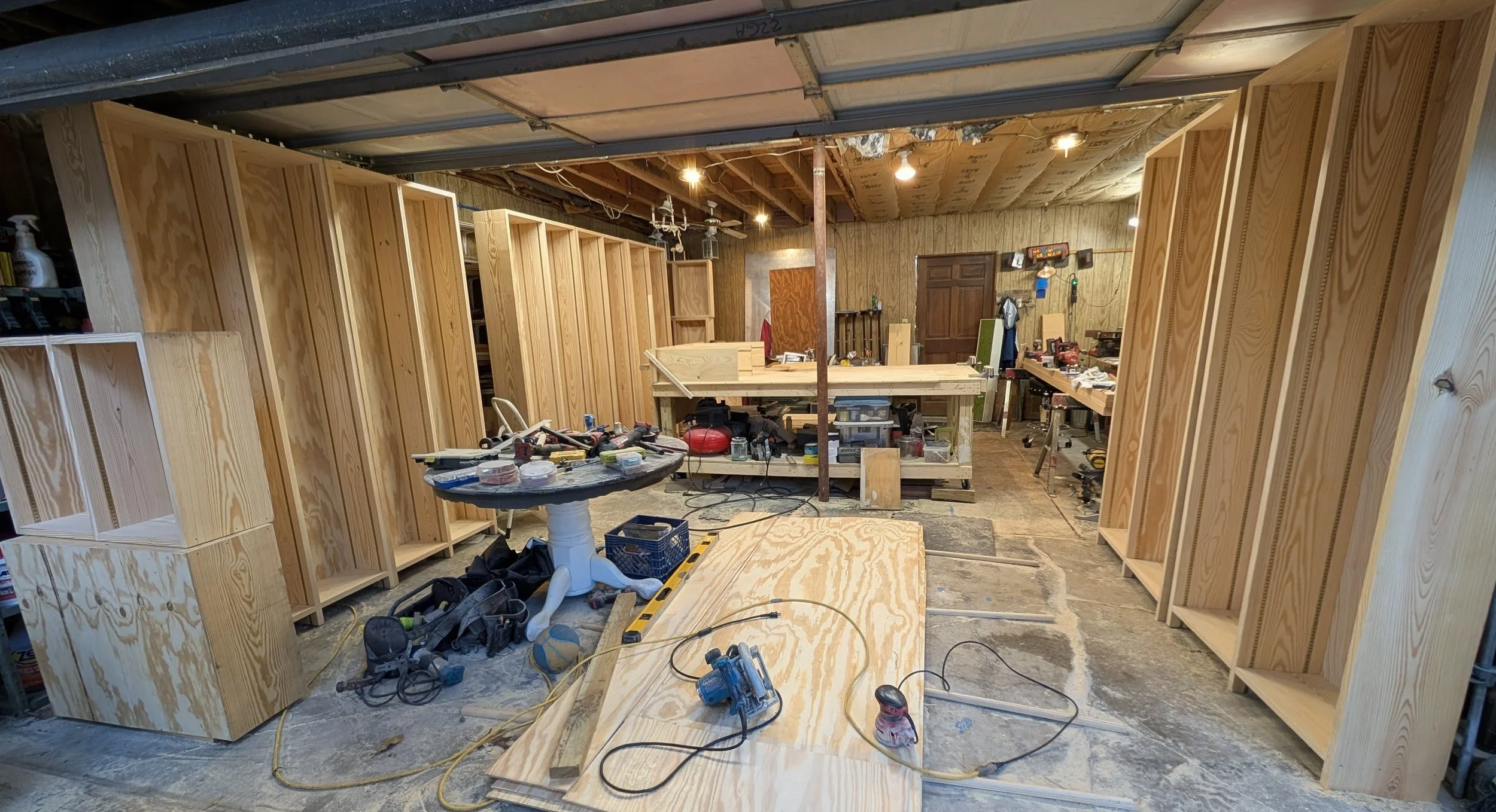 Custom Library Casework (In Progress) | Workshop view of complete library unit fabrication and pre-finish assembly