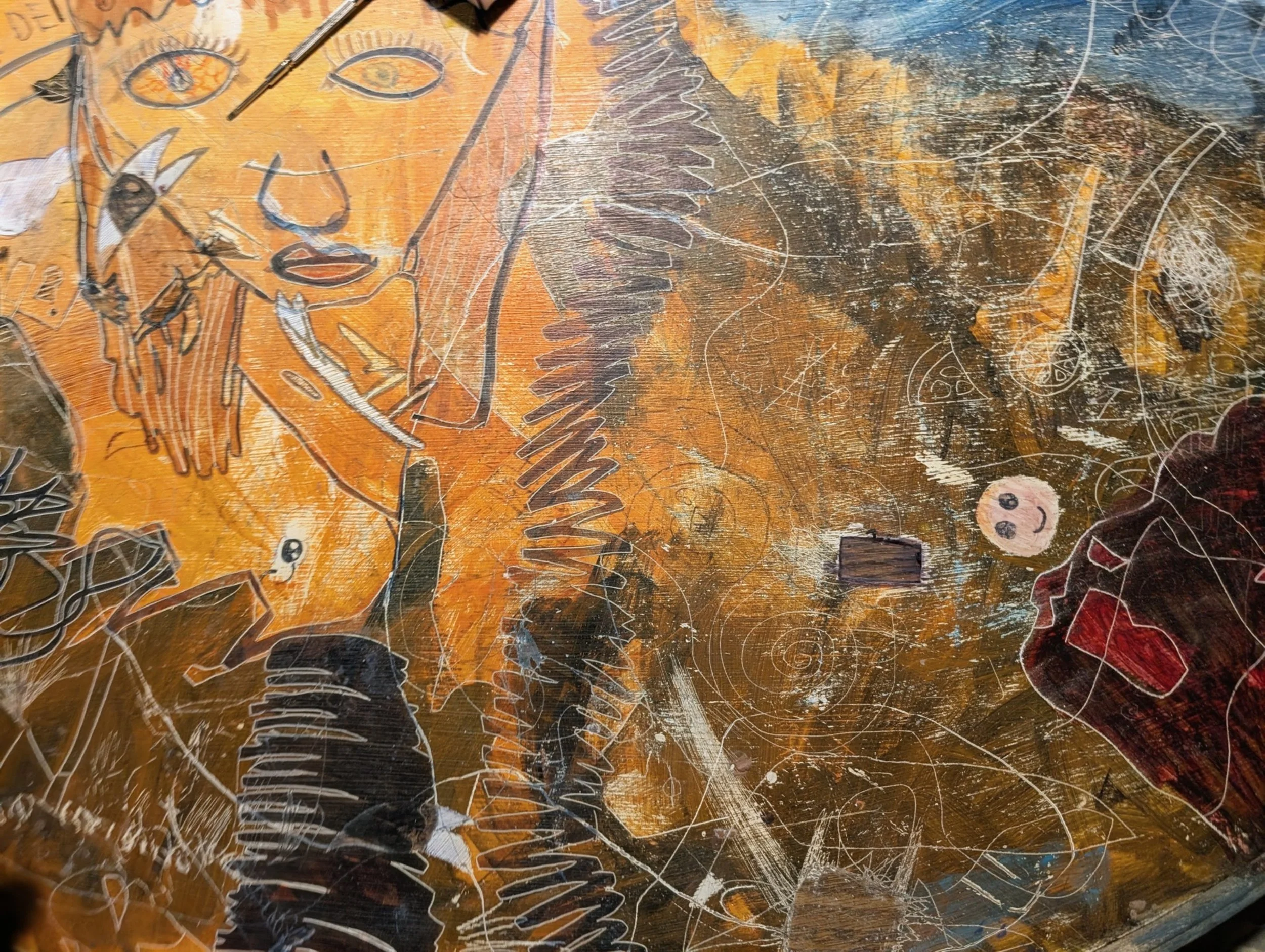 Guest Table (Detail 1 of 2) | Carving and drawing detail on wood panel