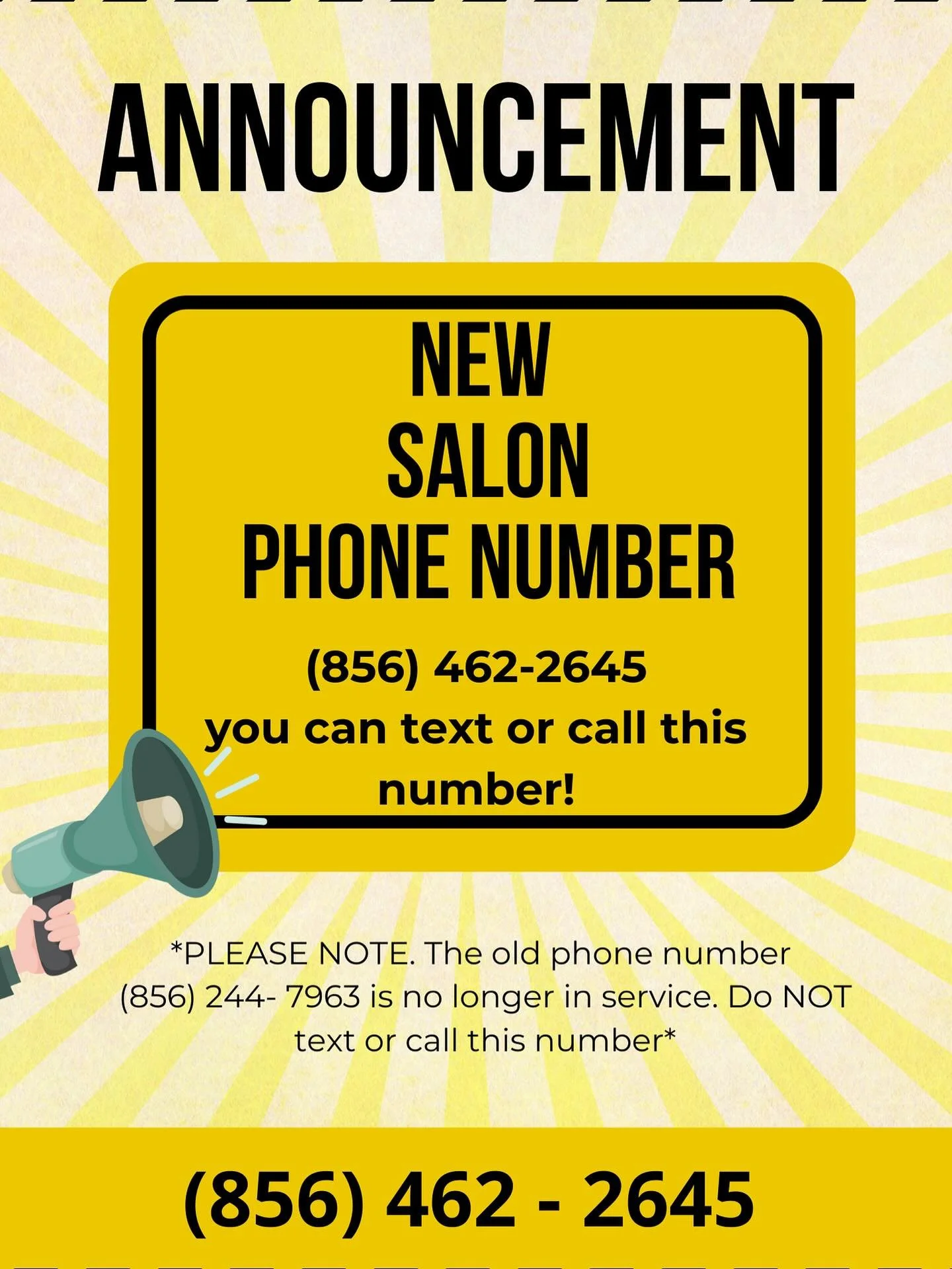 ⚠️ATTENTION⚠️

Revenge Hair Studio officially has a new phone number. The ONLY phone number we use now is 
(856) 462 - 2645

You can call or text this number! 

Save us in your contacts ❤️