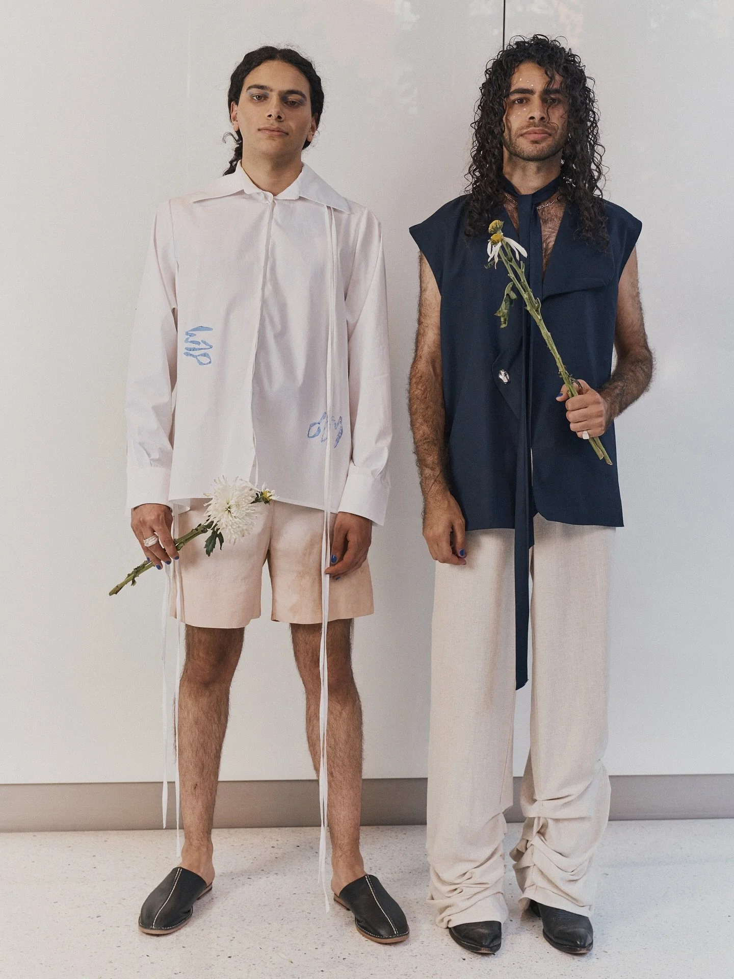 Hand-printed blouse and pants, cotton and linen set with customized buttons by @atelier.ellepe | SS26-STIGMA 

Models @baherbazo @bazohadi 
Picture @victoriakaempfe 
Shoes @wallenstein.store