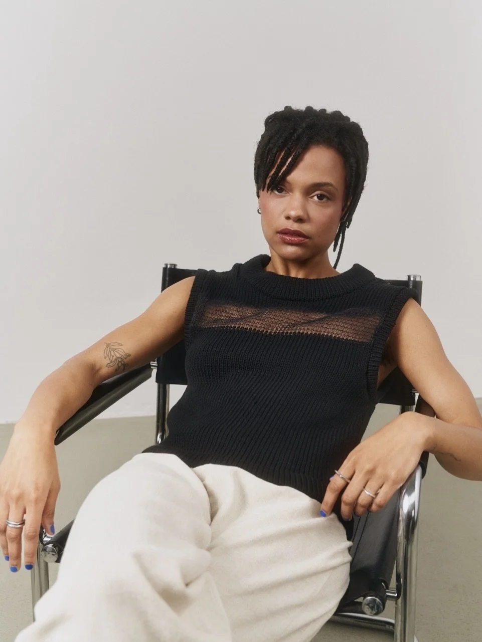 The 'Aura'-Vest | Made out of softest cotton, mohair and silk. Knitted in Berlin and available in three colors, black, creme and dark blue. 

The vest is perfect for layering styles in winter and without anything underneath for warmer days.

Model @i