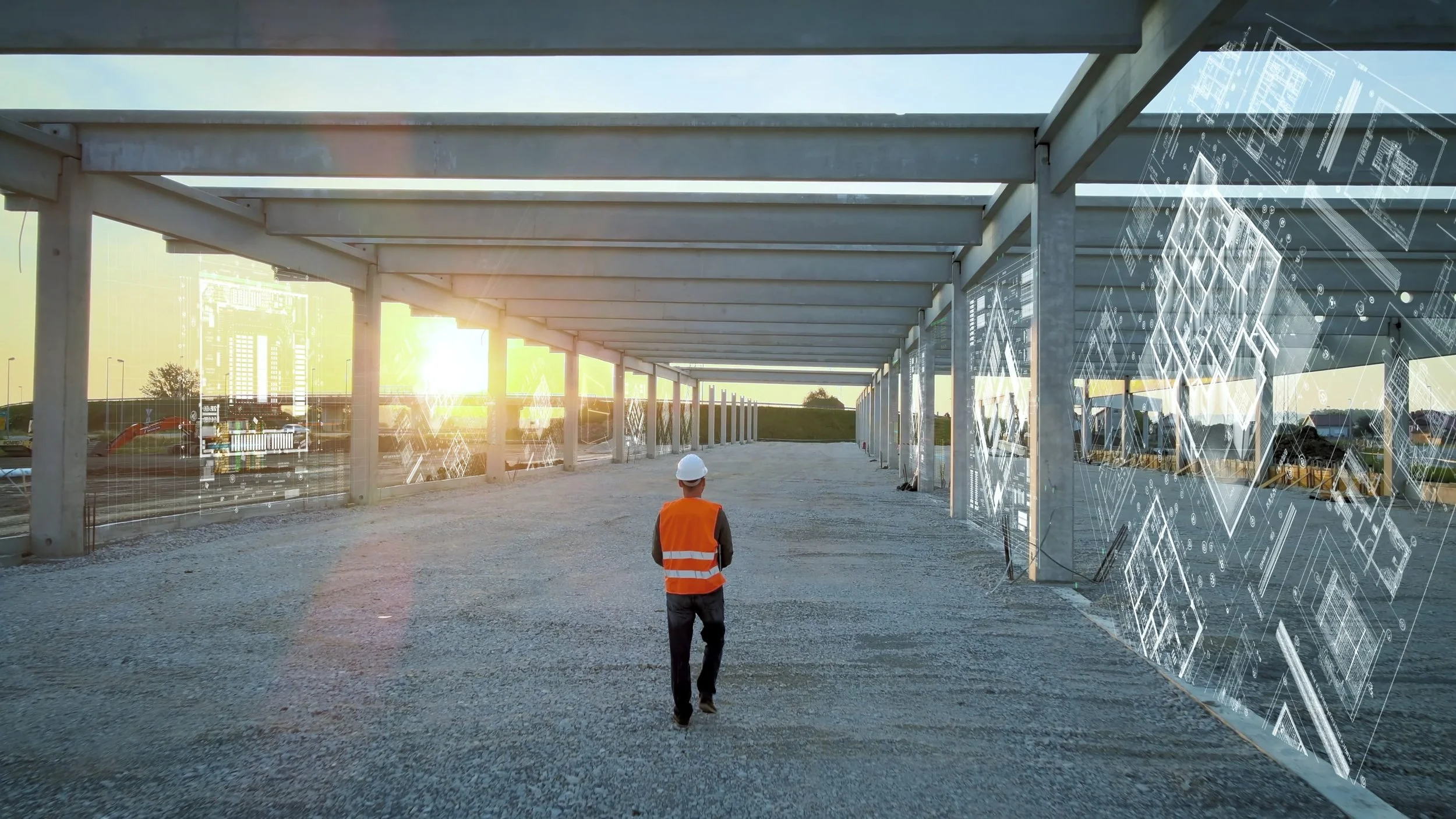 Architect Construction Engineer Analyze Site Building Process at Sunset Using Modern Technology. 3D Graphic Render (1).jpg