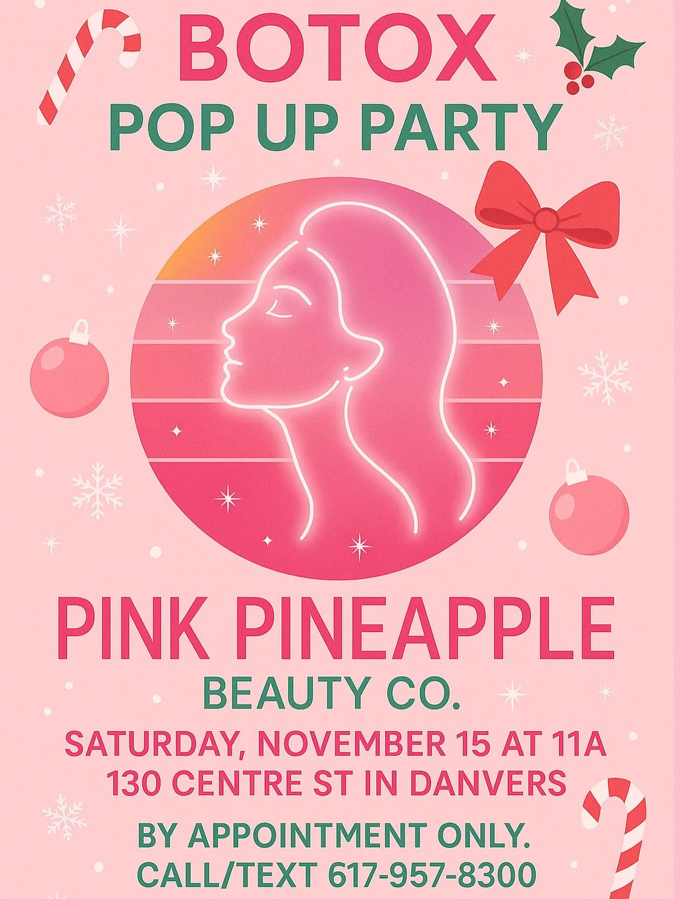 Sleigh season is coming, and we&rsquo;re not showing up with wrinkles 😘💉

Join us for our Botox Pop-Up Party with the only and only @sara_at_meraki at Pink Pineapple Beauty Co. and get that pre-holiday glow ✨

📅 Saturday, Nov 15 at 11AM
📍 Danvers