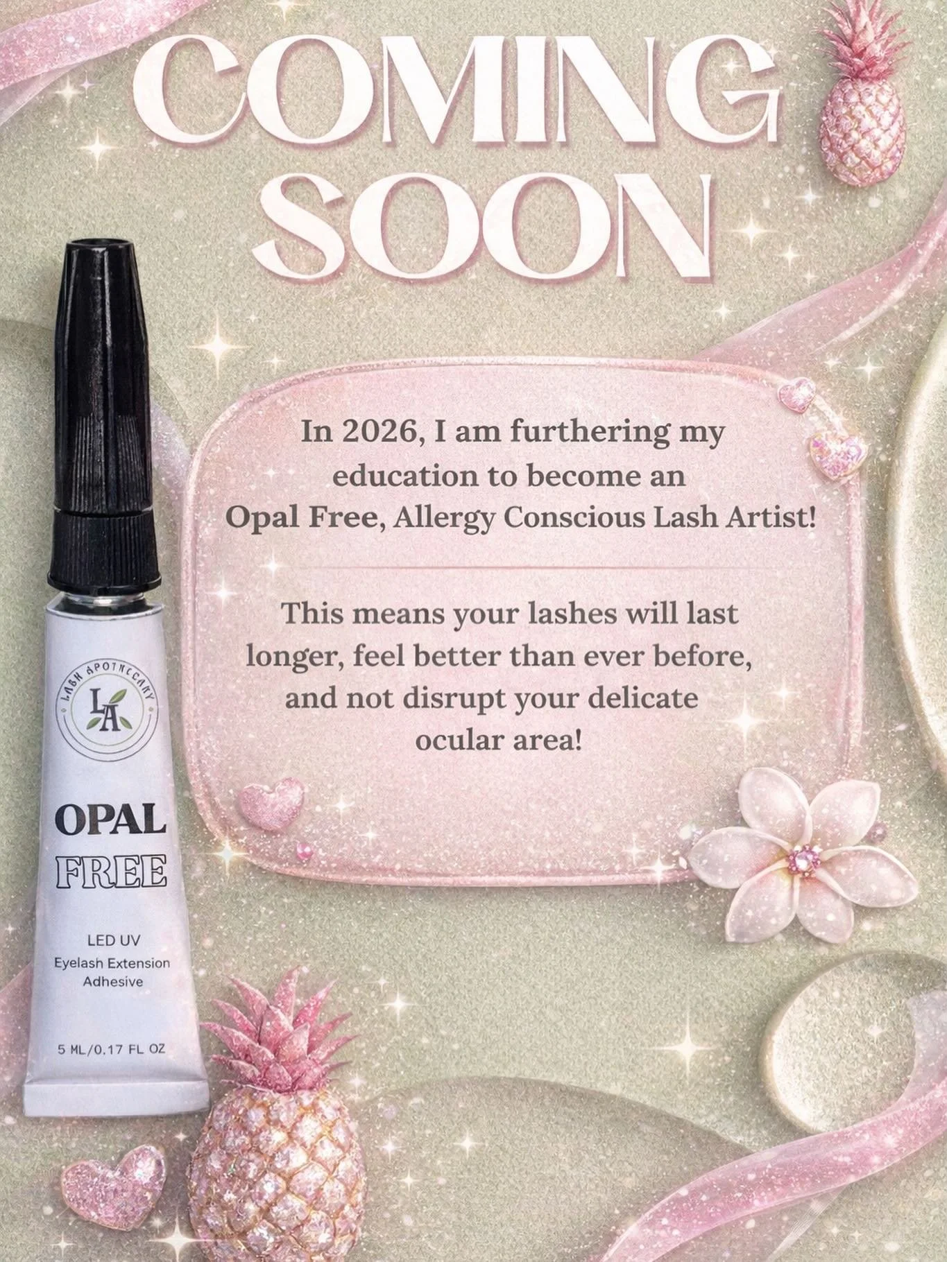 ✨ BIG things coming in 2026 ✨

I&rsquo;m heading to Dallas 1/18&ndash;1/24 to train + certify in a groundbreaking Opal-Free, allergy-conscious lash adhesive by @lash_apothecary with @lashwithlight 🤍

This advanced education means:
✔️ longer-lasting 