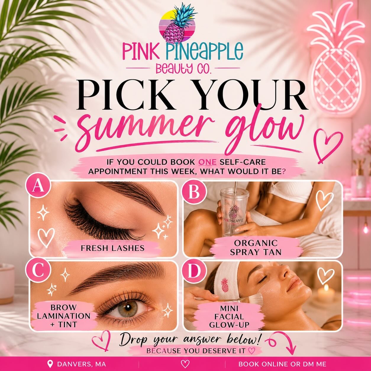 ✨ Summer Glow Check ✨

If you could book ONE self-care appointment this week, what would it be?

A️⃣ Fresh lashes
B️⃣ Spray tan
C️⃣ Brows
D️⃣ Mini facial

Drop your answer below 👇🏼

(And if we&rsquo;re being honest&hellip; I&rsquo;m choosing ALL OF