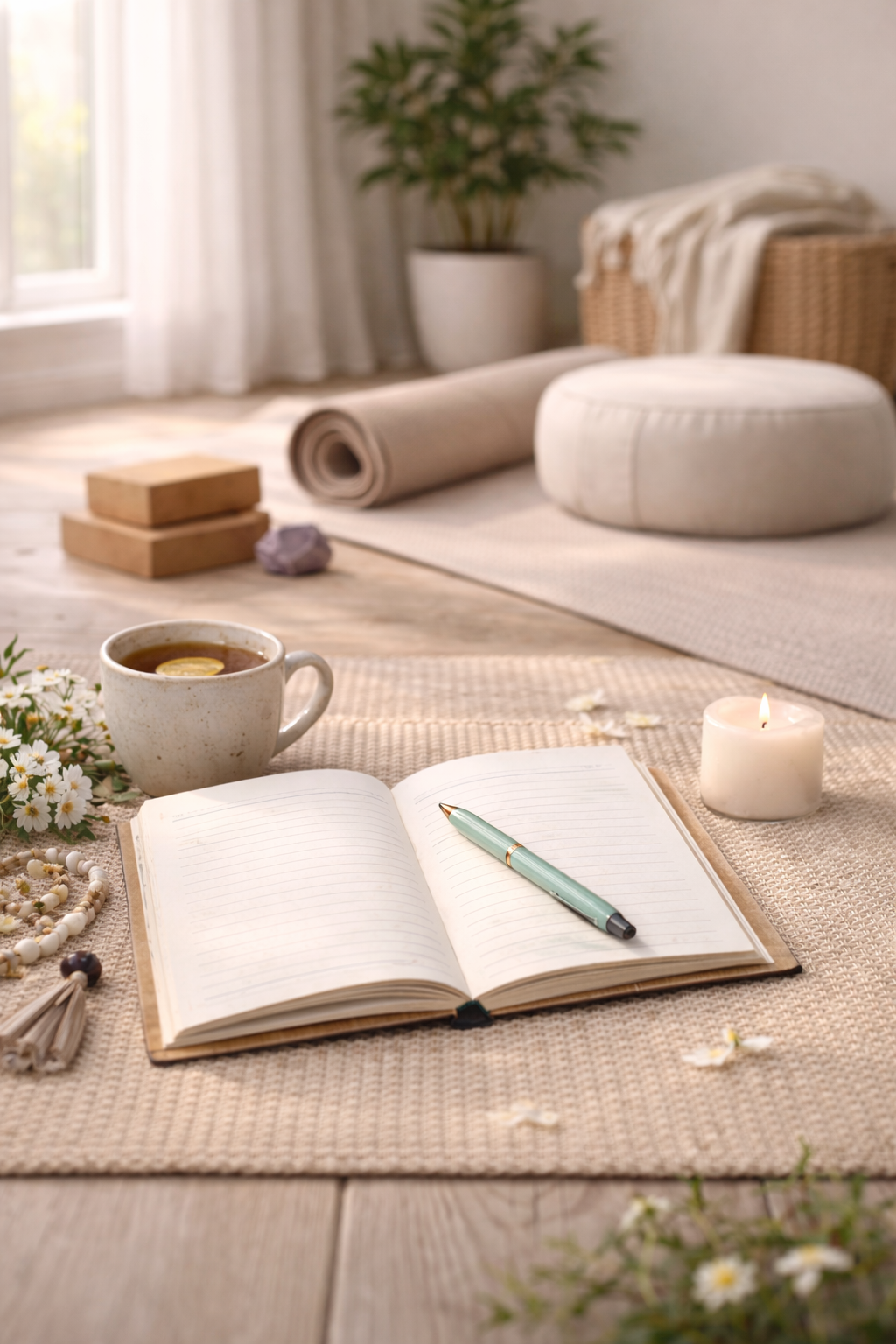 A cozy fall scene with small white pumpkins, a lit candle, a notebook, a pair of glasses, and dried leaves on a soft blanket.