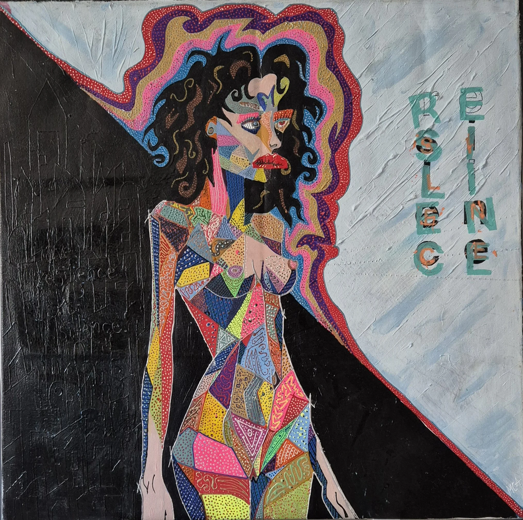 Colorful abstract painting of a woman with curly hair beside a black panel with white text that reads: "Have resilience. Want silence." The background features light blue and white brushstrokes.