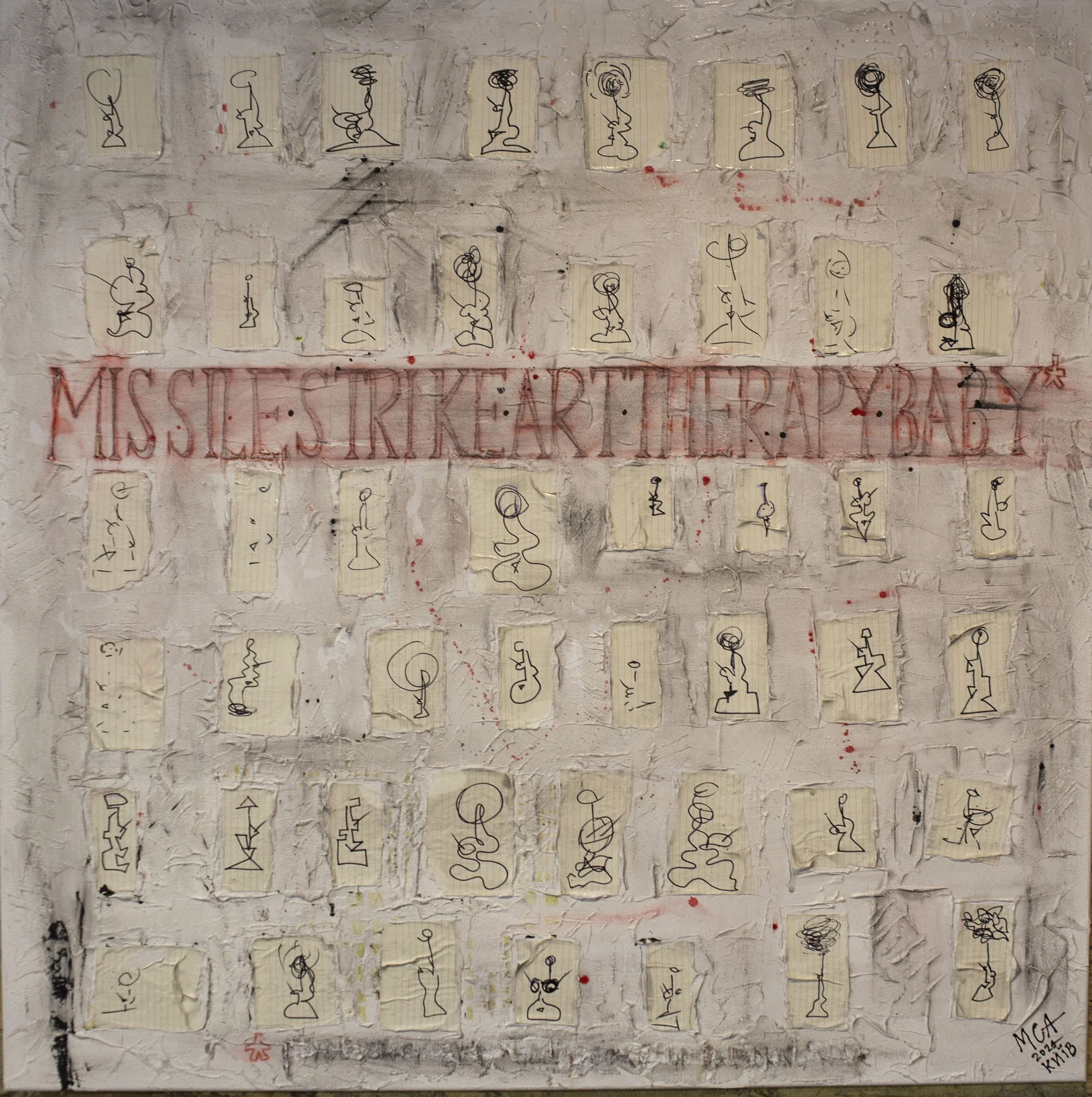 Mixed media art piece with small images, red painted text reading 'MISUSES LIKE EARTH ARE MY BAG,' and an artist's signature in the bottom right corner.
